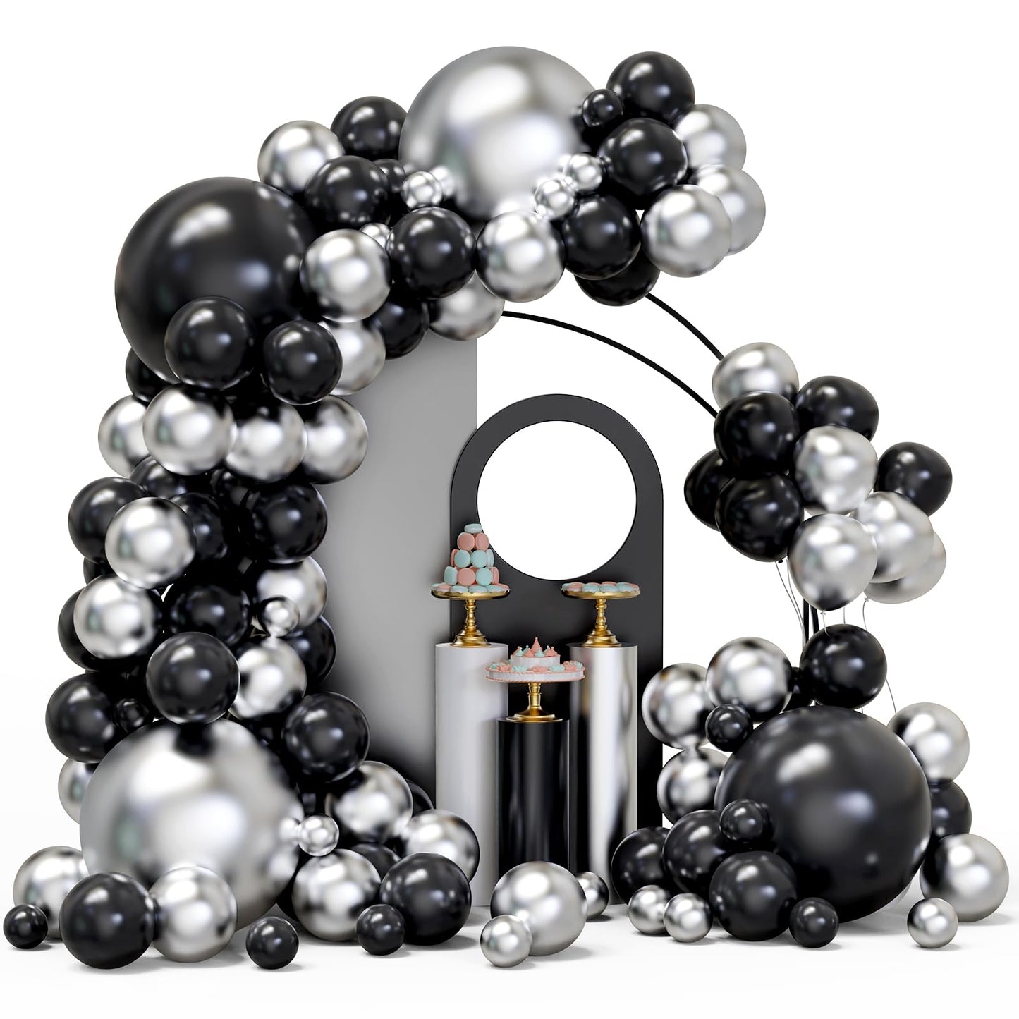 YMSZ Black & Silver Balloons Arch Garland Kit – 134pcs Metallic Balloon Set for Parties