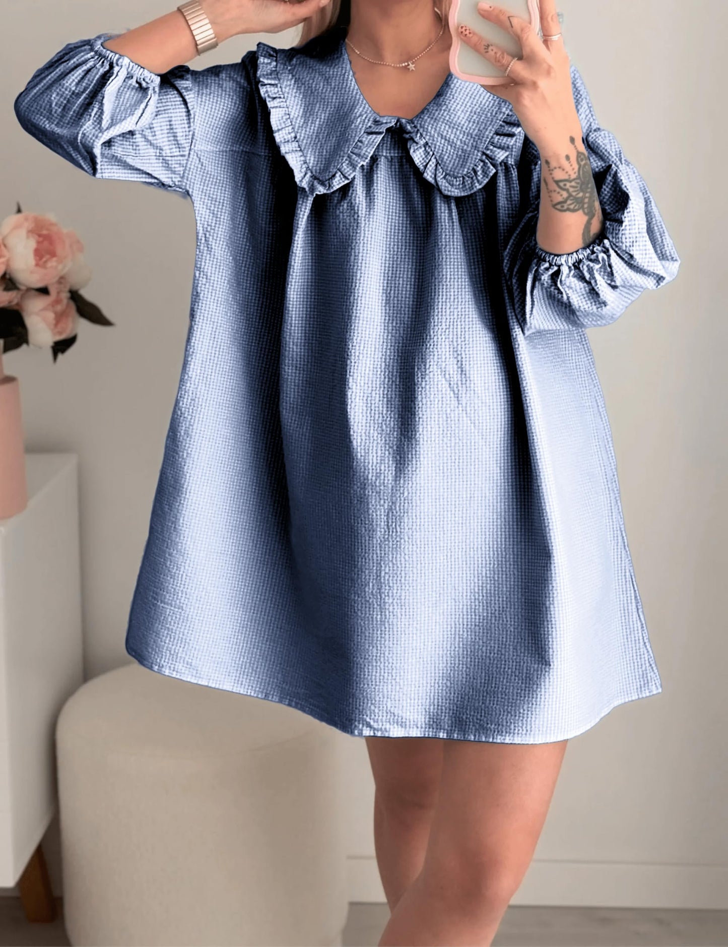 Ynhonra 2025 Women's Babydoll Dress – Loose Plaid Mini with Doll Collar (Cobalt)