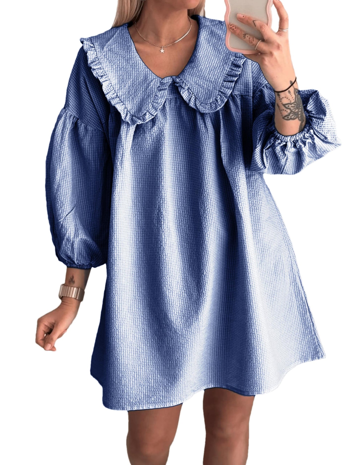 Ynhonra 2025 Women's Babydoll Dress – Loose Plaid Mini with Doll Collar (Cobalt)