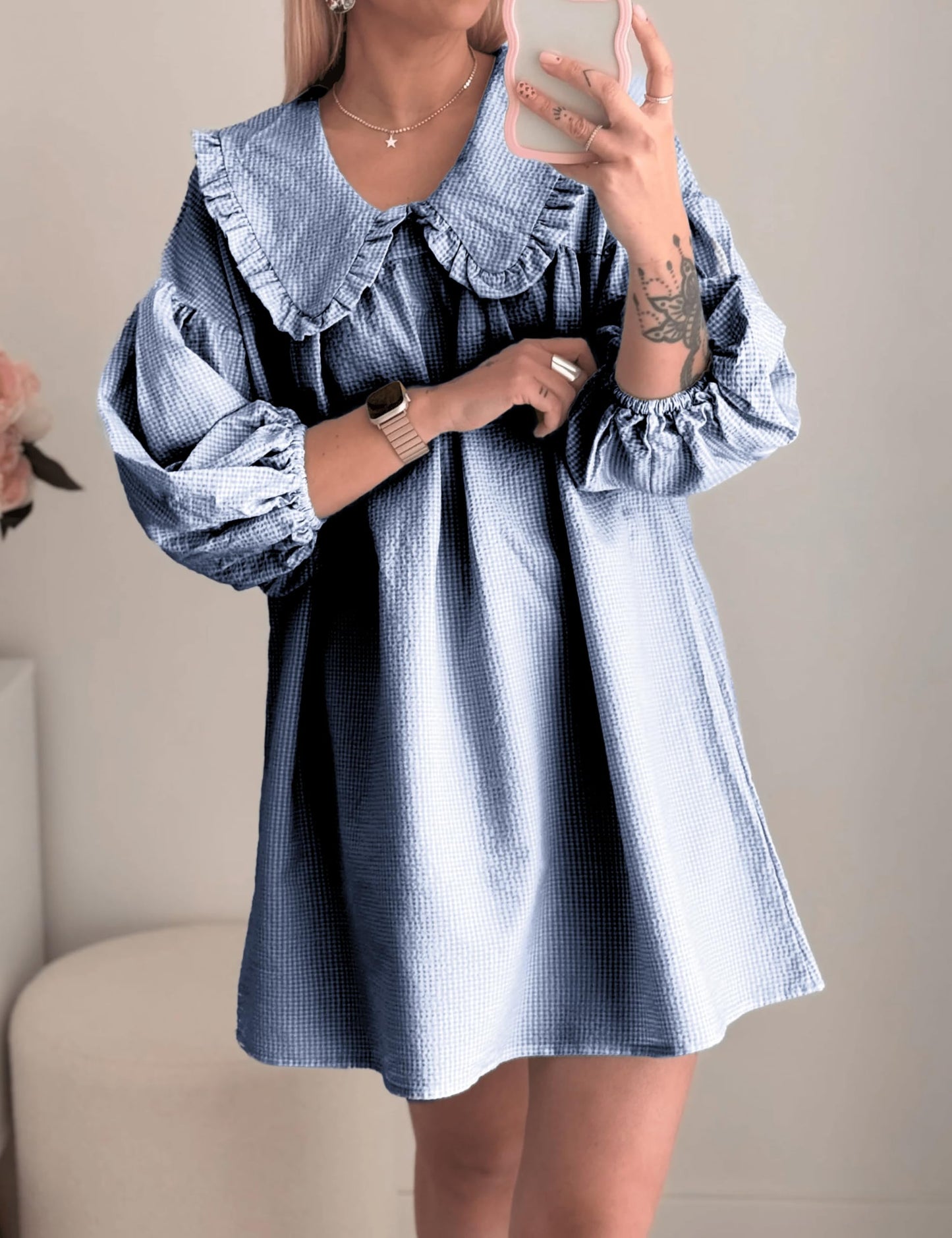 Ynhonra 2025 Women's Babydoll Dress – Loose Plaid Mini with Doll Collar (Cobalt)