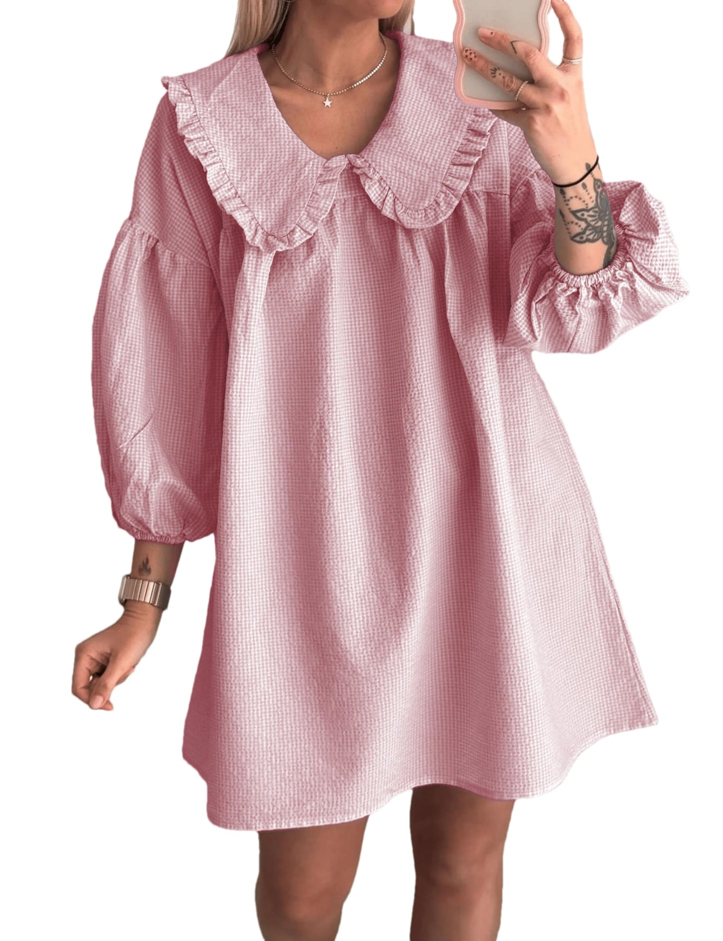 Ynhonra 2025 Women's Babydoll Dress – Loose Plaid Mini with Doll Collar (Blush XS)