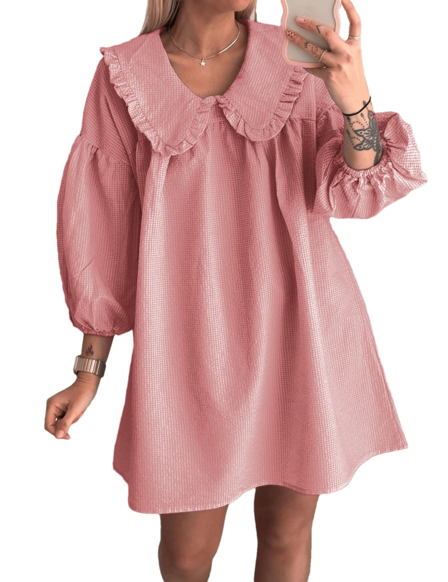 Ynhonra 2025 Women's Babydoll Mini Dress – Coral with Doll Collar and Puff Sleeves