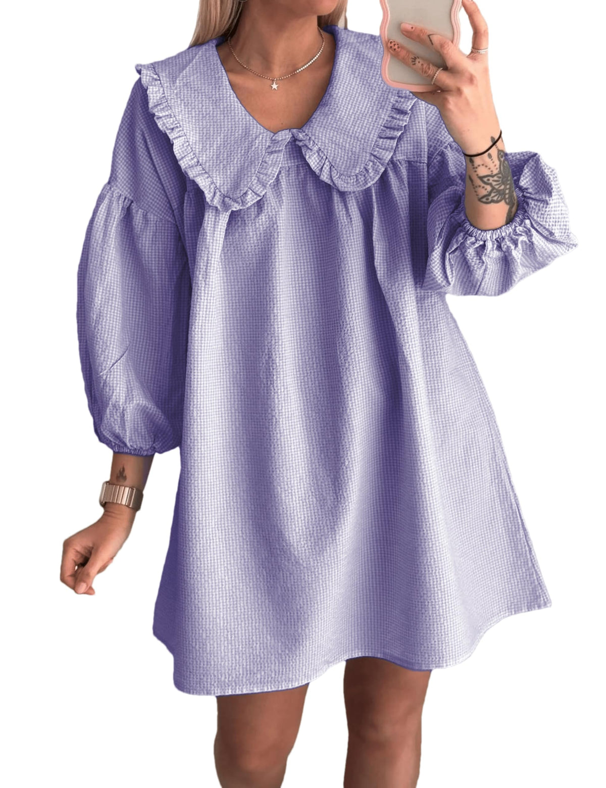 Ynhonra 2025 Women's Babydoll Dress – Purple Plaid, 3/4 Puff Sleeve, Doll Collar, Loose Y2K Mini (XS)