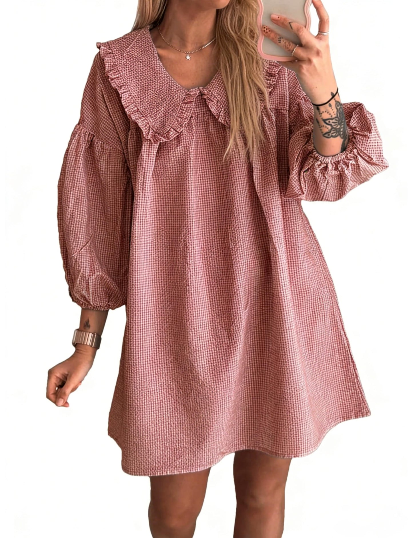 Ynhonra 2025 Women's Babydoll Dress – Plaid Mini, 3/4 Puff Sleeve, Doll Collar (Cherry-M)