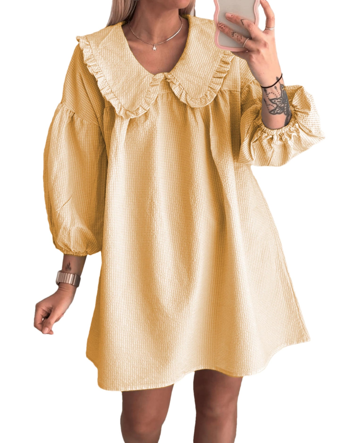 Ynhonra 2025 Women's Babydoll Dress – Loose Plaid Mini with Doll Collar, Orange-M