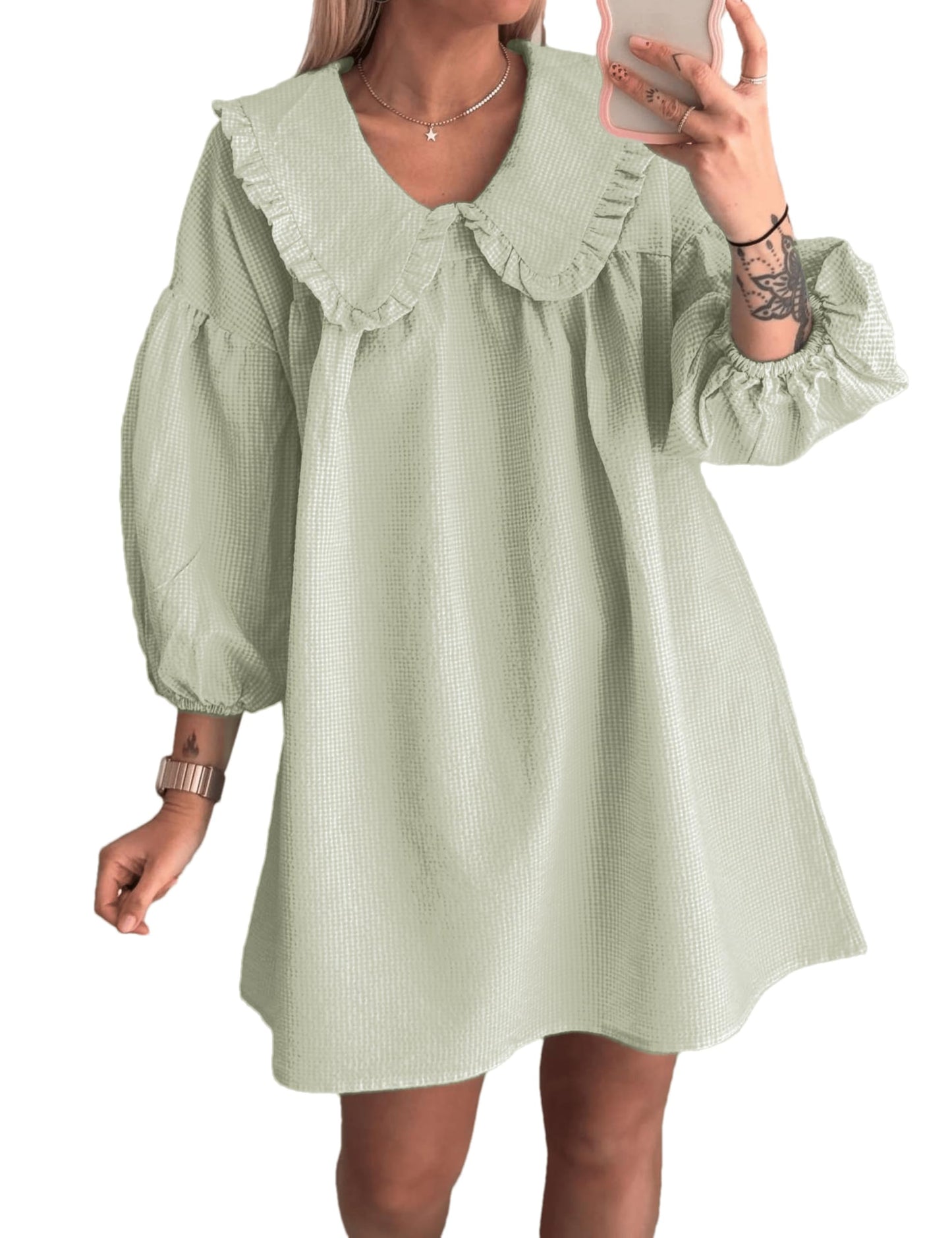 Ynhonra 2025 Women's Babydoll Dress – Lime Plaid Mini with Doll Collar & Loose Fit