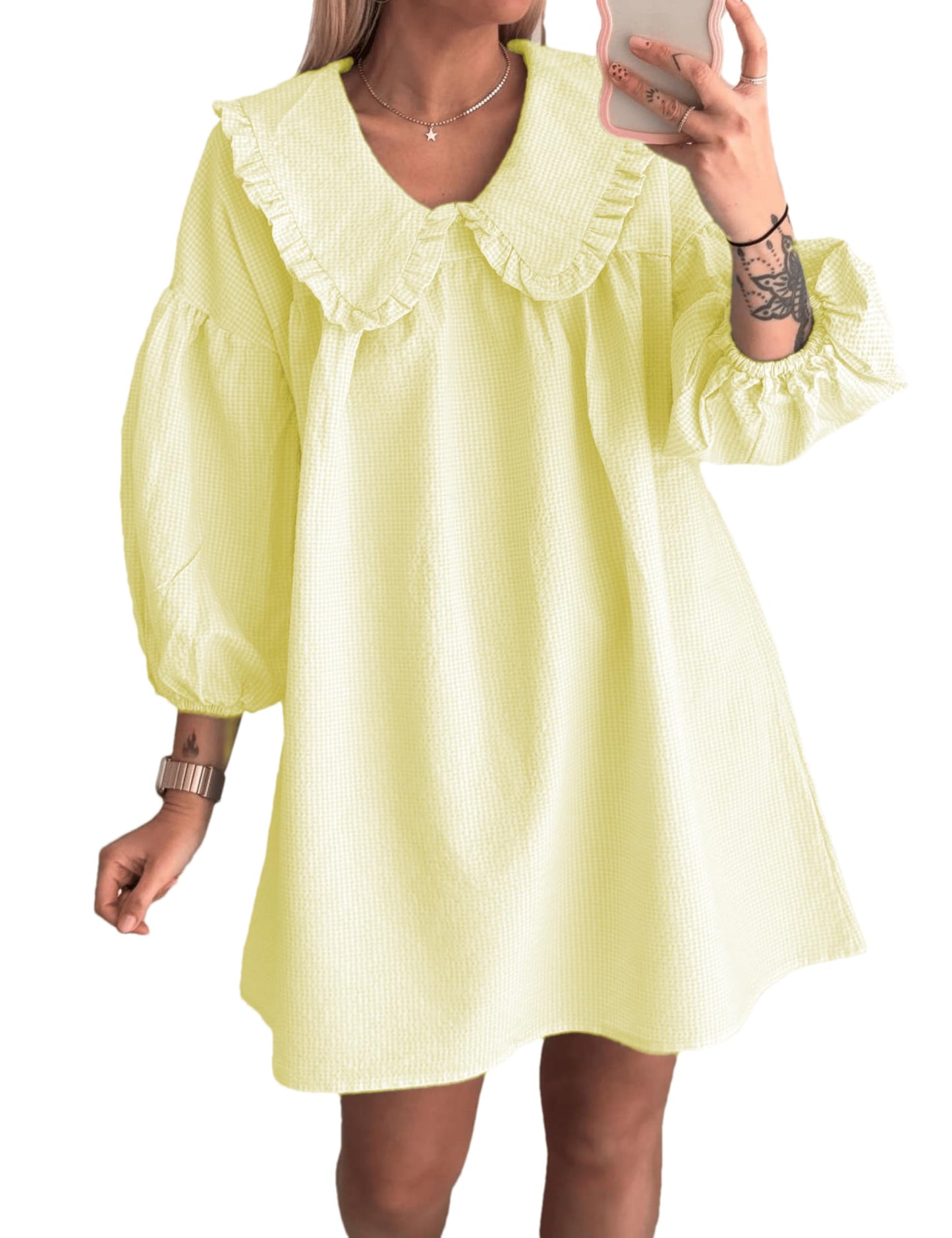 Ynhonra 2025 Women's Babydoll Plaid Mini Dress – Loose Fit, Doll Collar, 3/4 Puff Sleeve (Lemon XL)