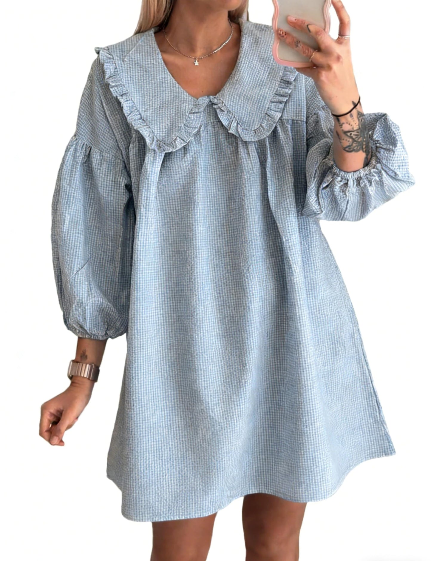 Ynhonra 2025 Women's Babydoll Dress - Navy, 3/4 Puff Sleeve, Doll Collar (XS)
