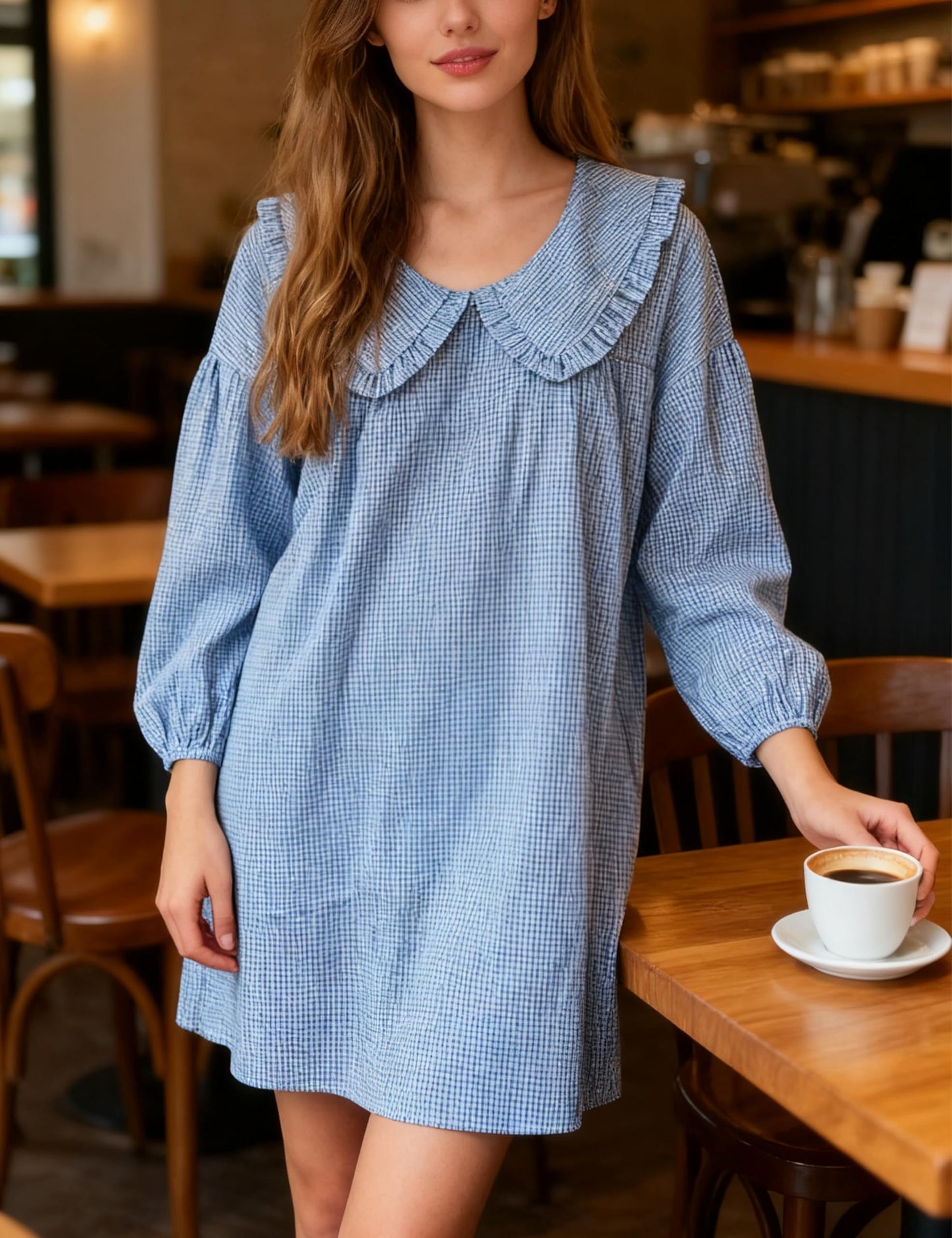 Ynhonra 2025 Women's Babydoll Dress - Navy, 3/4 Puff Sleeve, Doll Collar (XS)
