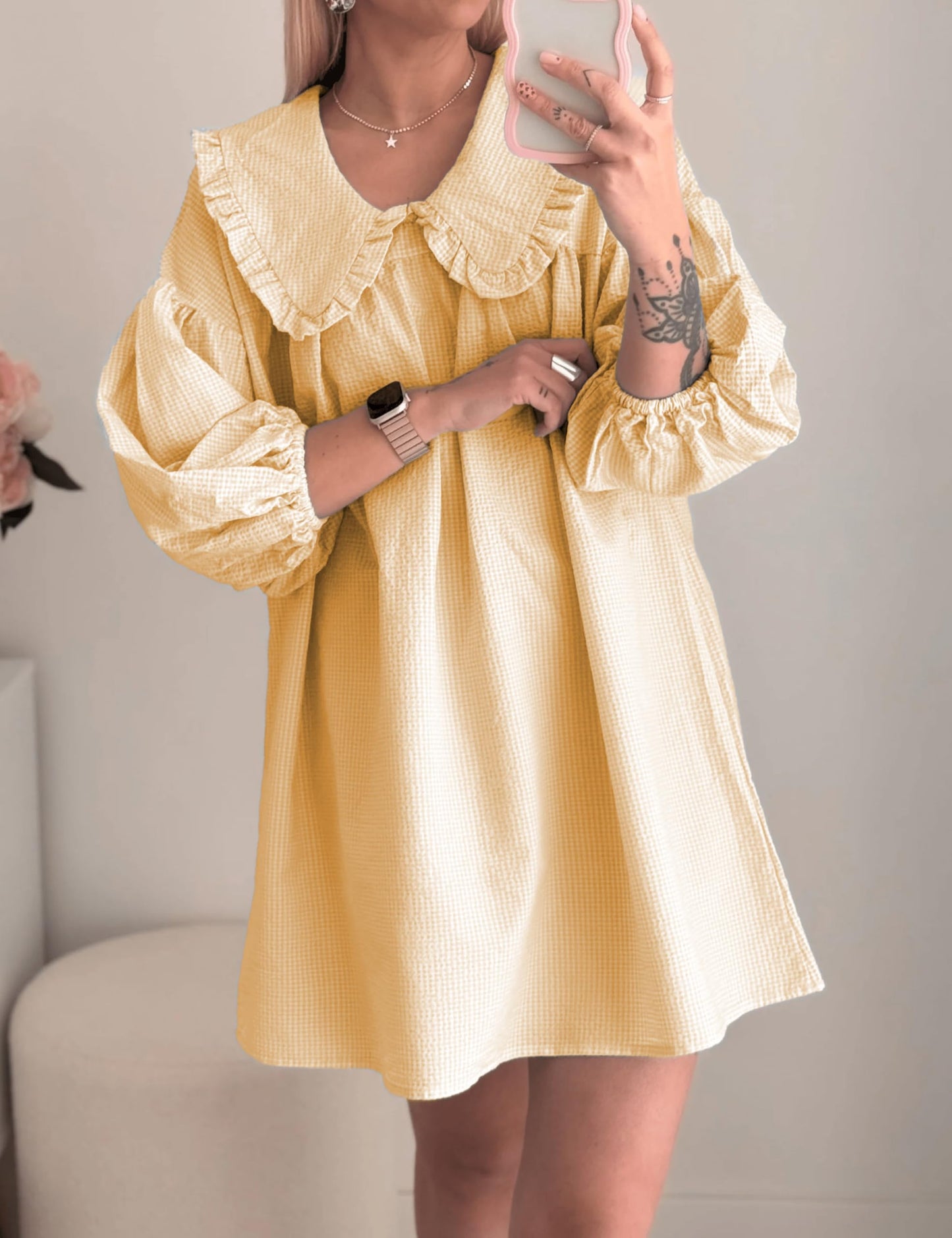 Ynhonra 2025 Women's Babydoll Dress – Loose Plaid Mini with Doll Collar, Orange-M