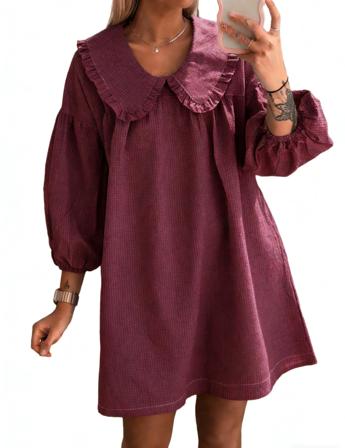 Ynhonra 2025 Women’s Babydoll Dress – Loose Plaid Mini Dress with Puff Sleeves (Fuchsia)