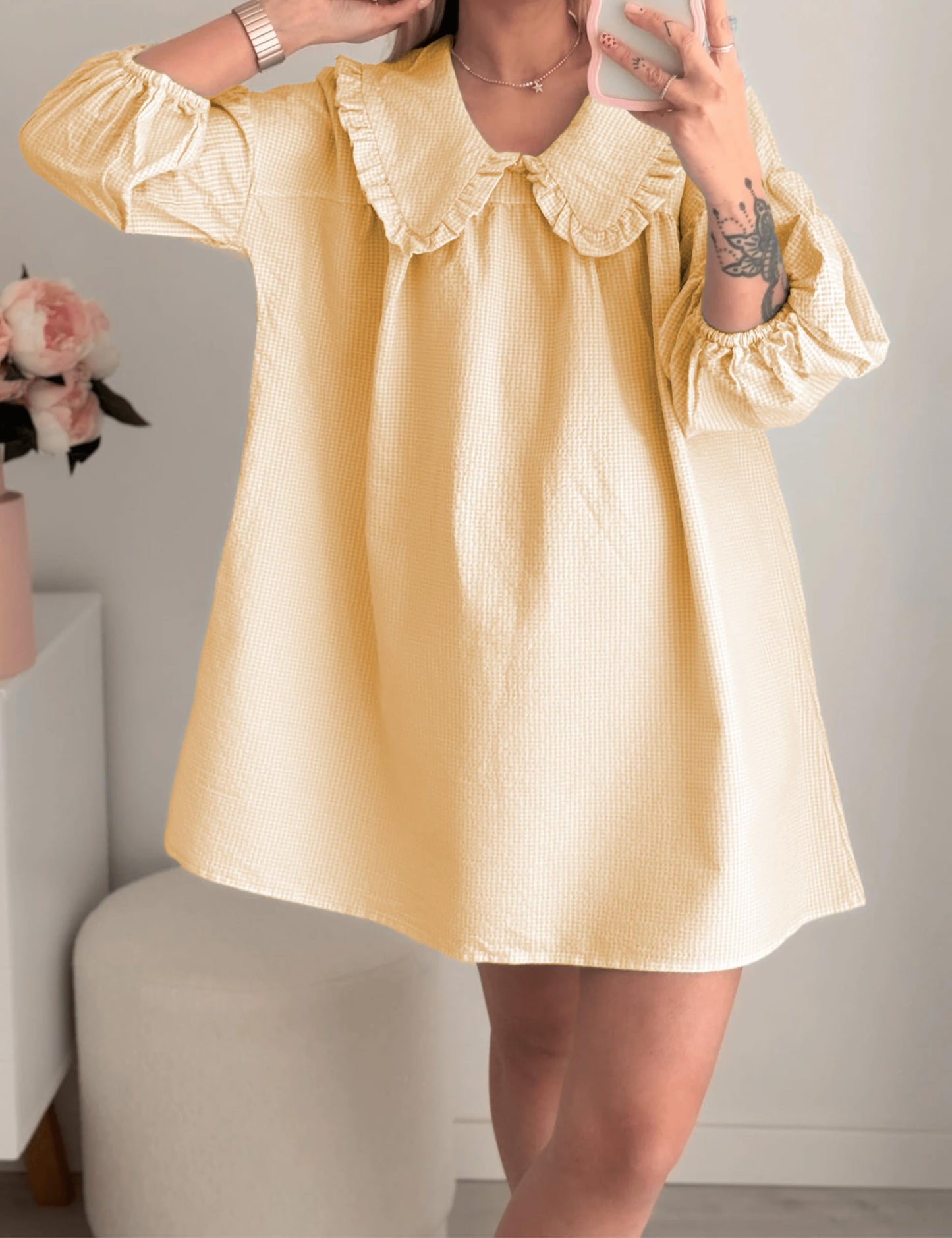 Ynhonra 2025 Women's Babydoll Dress – Orange Plaid Mini with Doll Collar & 3/4 Puff Sleeves (XL)