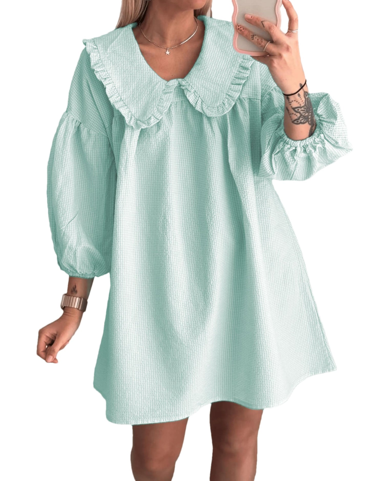 Ynhonra 2025 Women's Babydoll Mini Dress – SkyBlue Plaid, 3/4 Puff Sleeve