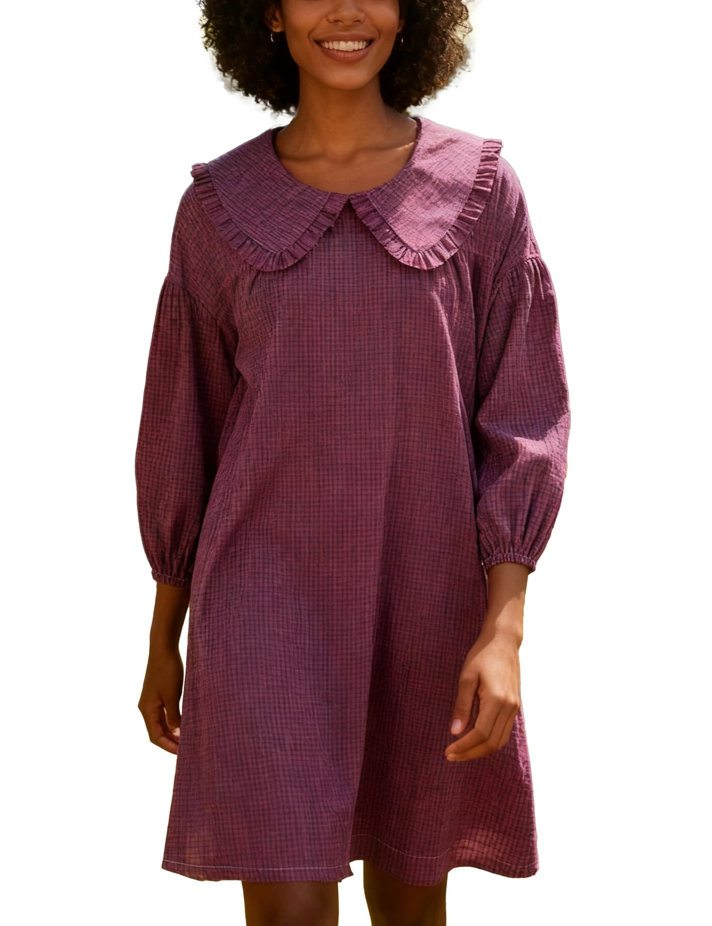 Ynhonra 2025 Women’s Babydoll Dress – Loose Plaid Mini Dress with Puff Sleeves (Fuchsia)