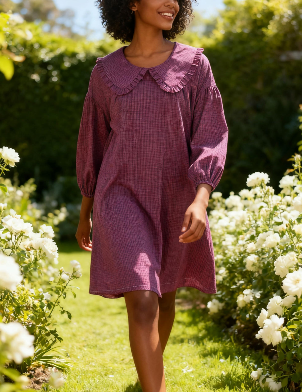 Ynhonra 2025 Women’s Babydoll Dress – Loose Plaid Mini Dress with Puff Sleeves (Fuchsia)