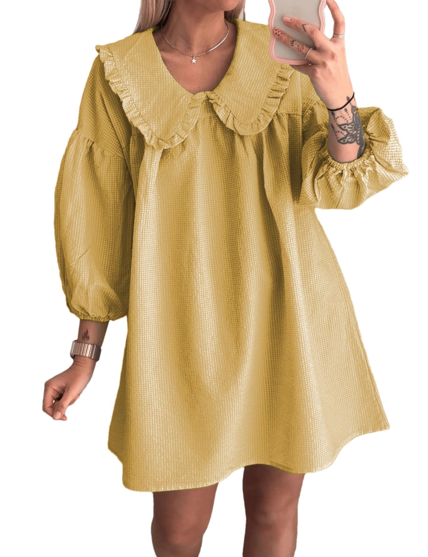Ynhonra Iris-M Plaid Babydoll Mini Dress – Loose 3/4 Puff Sleeve