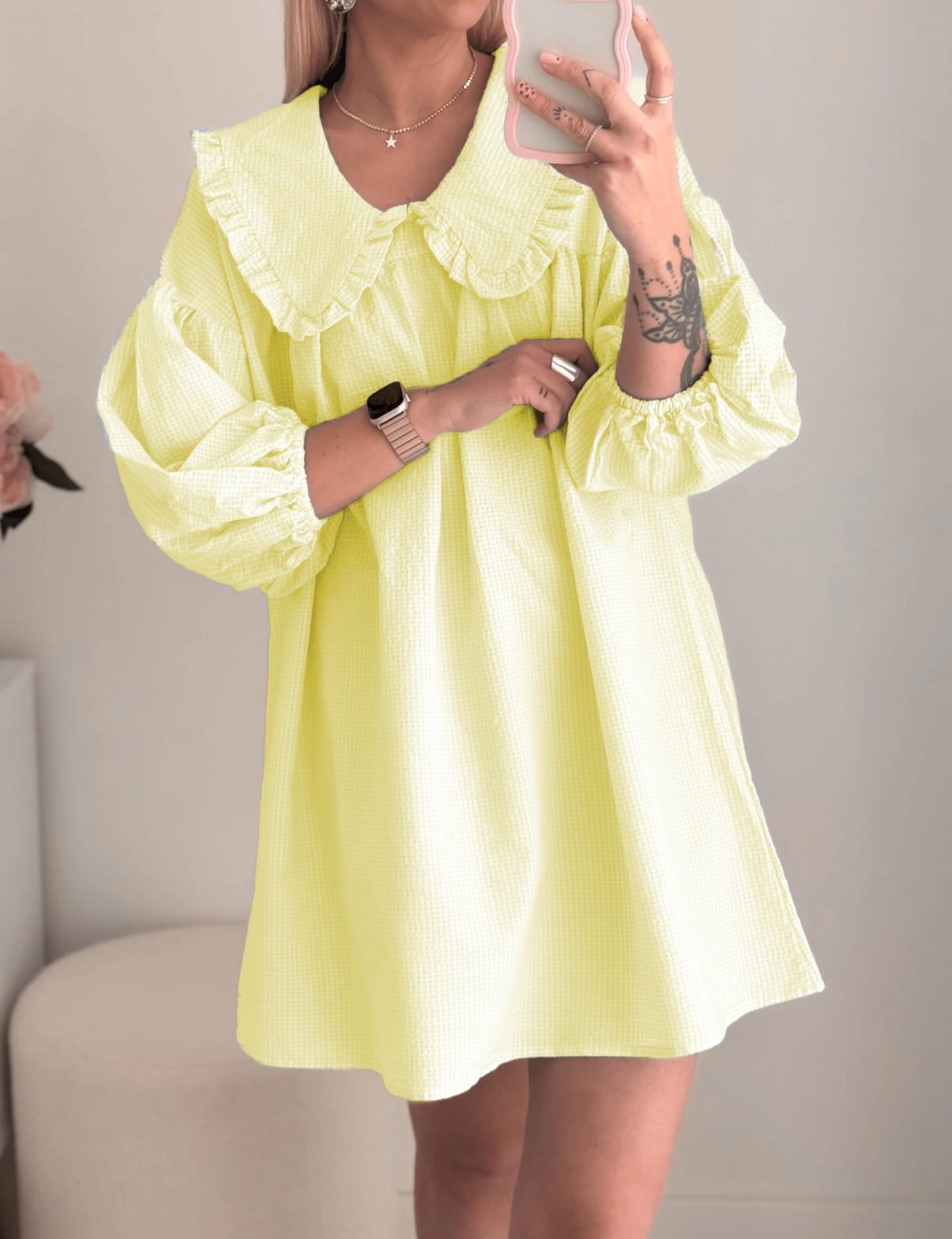 Ynhonra 2025 Women's Babydoll Mini Dress – Lemon, 3/4 Puff Sleeve, Doll Collar, Loose Fit (XS)