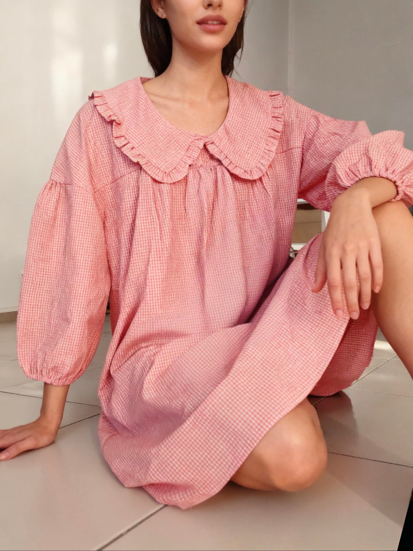 Ynhonra 2025 Women's Babydoll Mini Dress – Coral with Doll Collar and Puff Sleeves