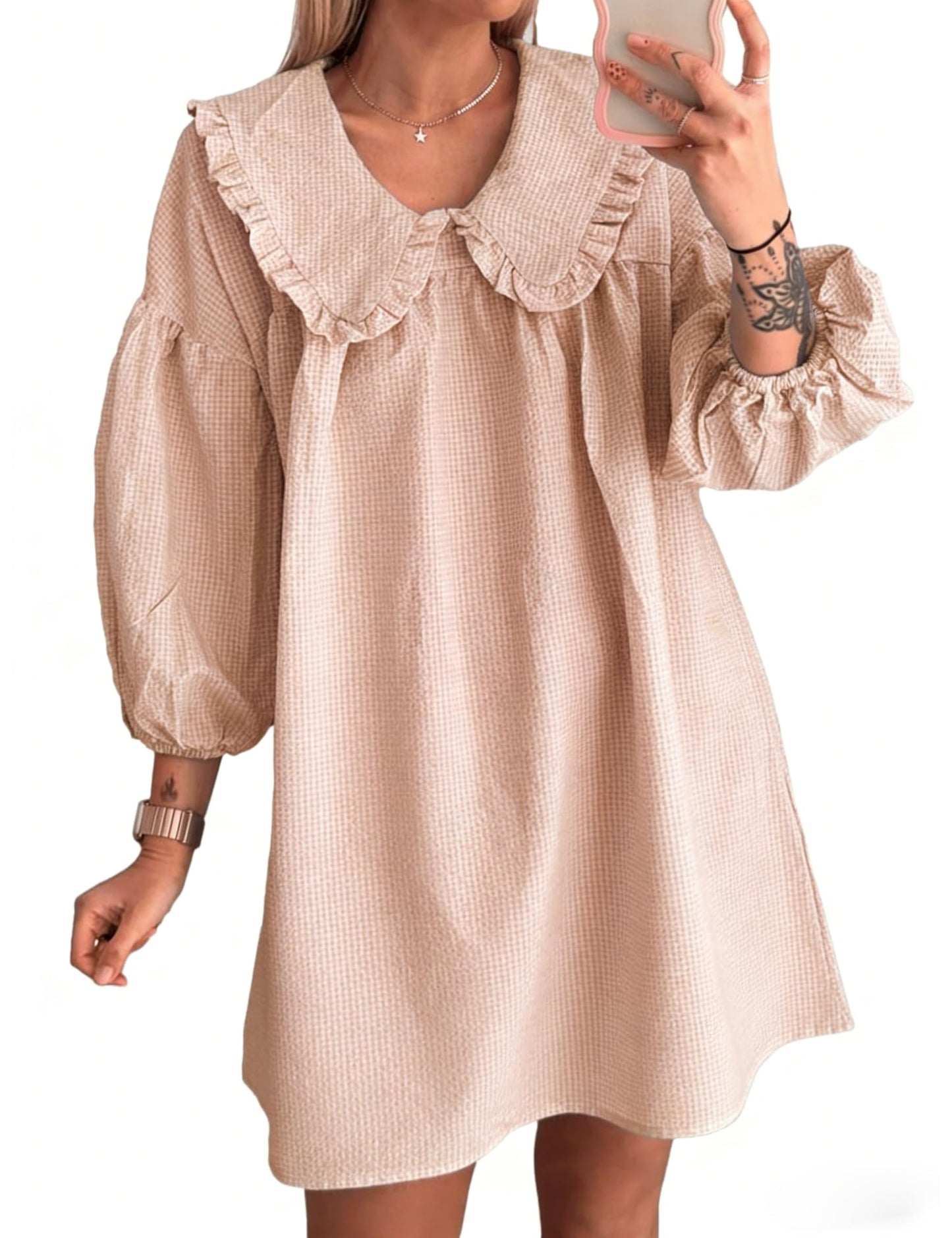 Ynhonra 2025 Women’s Babydoll Dress – Peach XL, Doll Collar, Plaid Mini, 3/4 Puff Sleeve