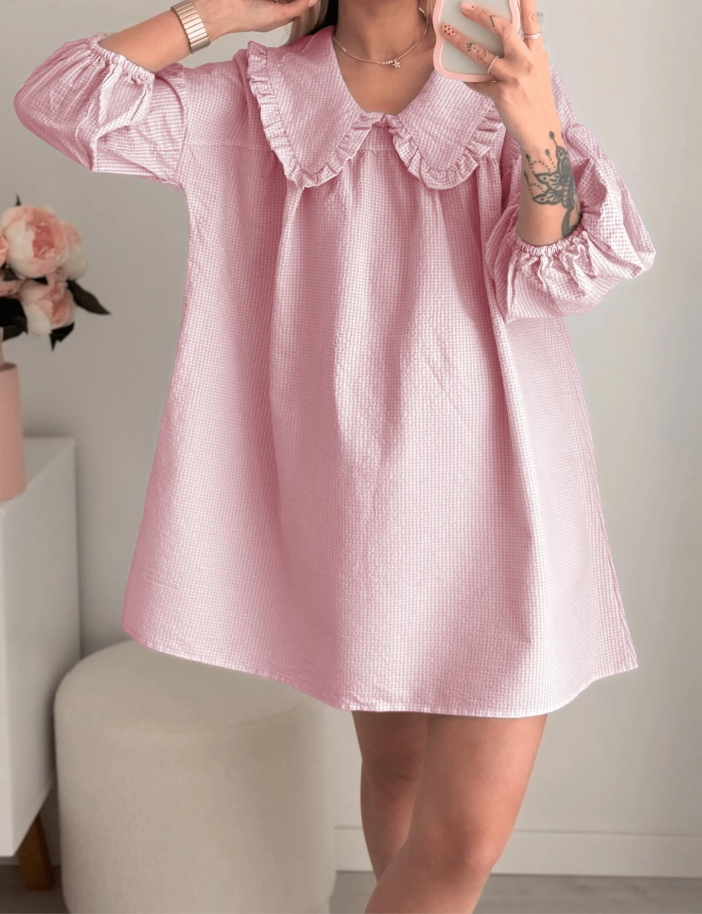 Ynhonra 2025 Women's Babydoll Dress – Loose Plaid Mini with Doll Collar (Blush XS)