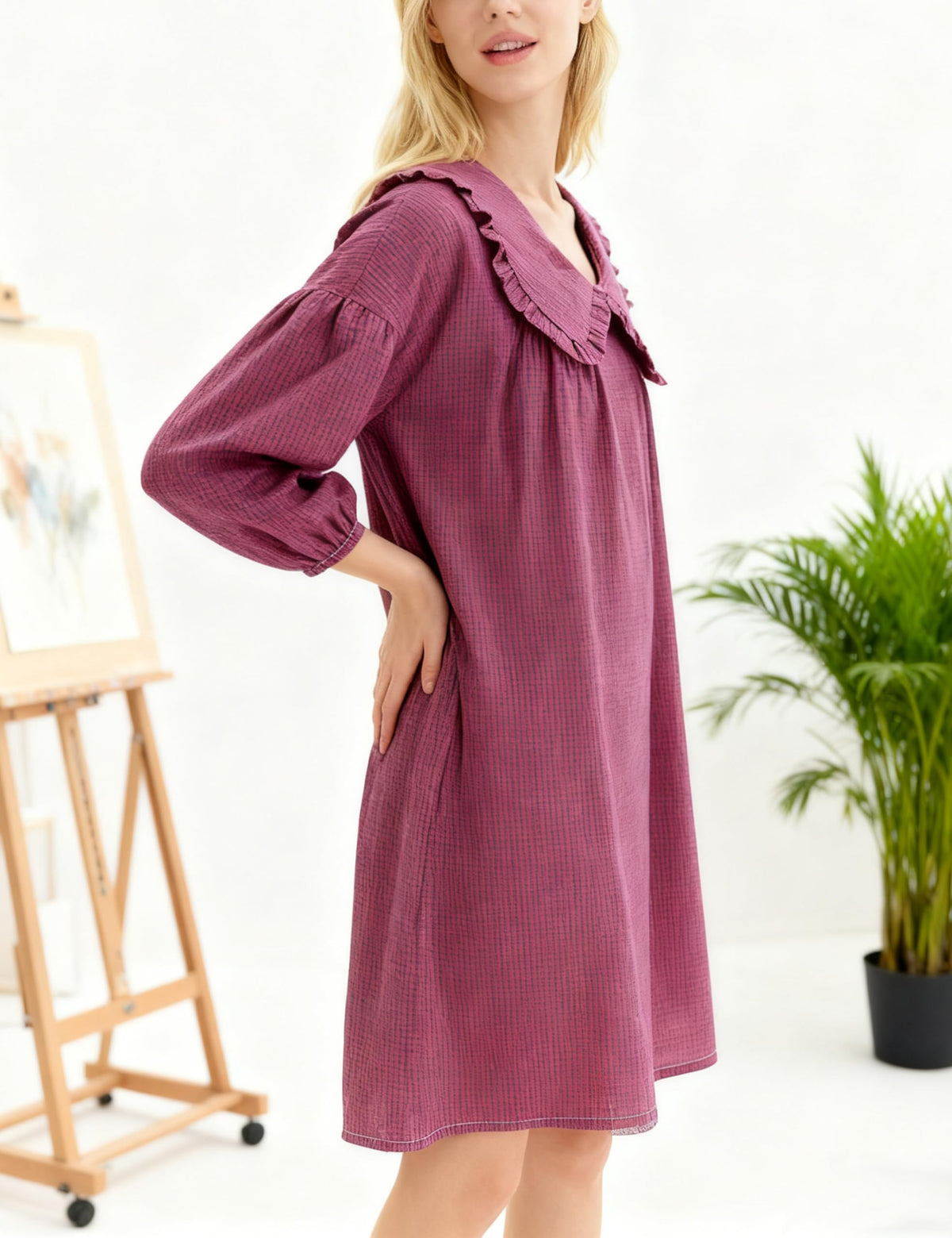 Ynhonra 2025 Women’s Babydoll Dress – Loose Plaid Mini Dress with Puff Sleeves (Fuchsia)