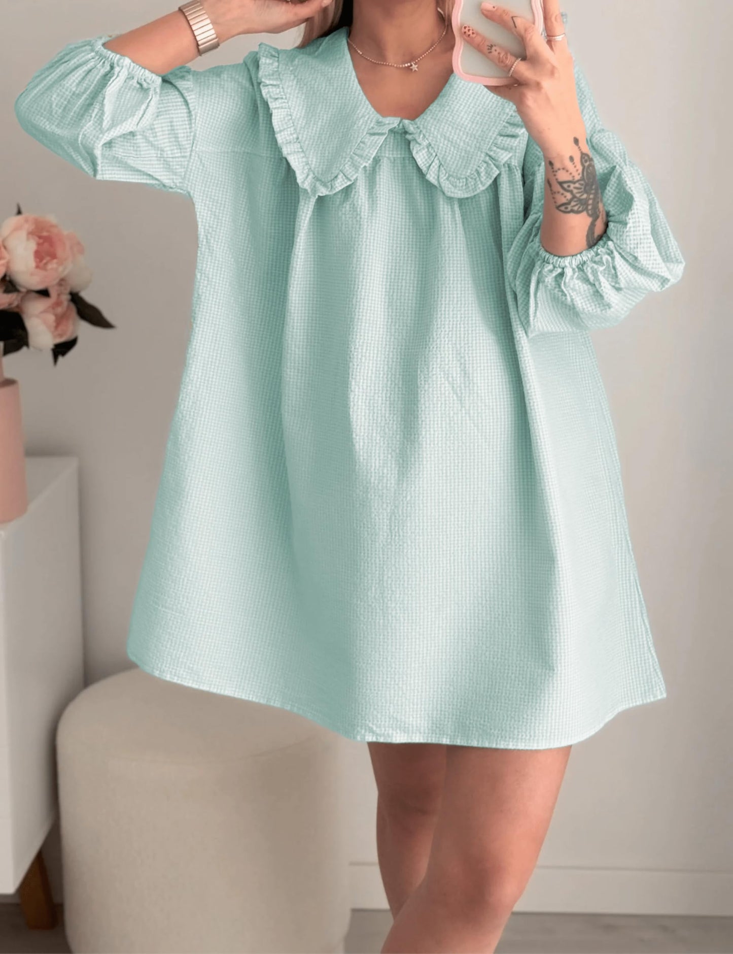 Ynhonra 2025 Women's Babydoll Dress - Sky Blue Plaid Mini with Doll Collar & 3/4 Puff Sleeves