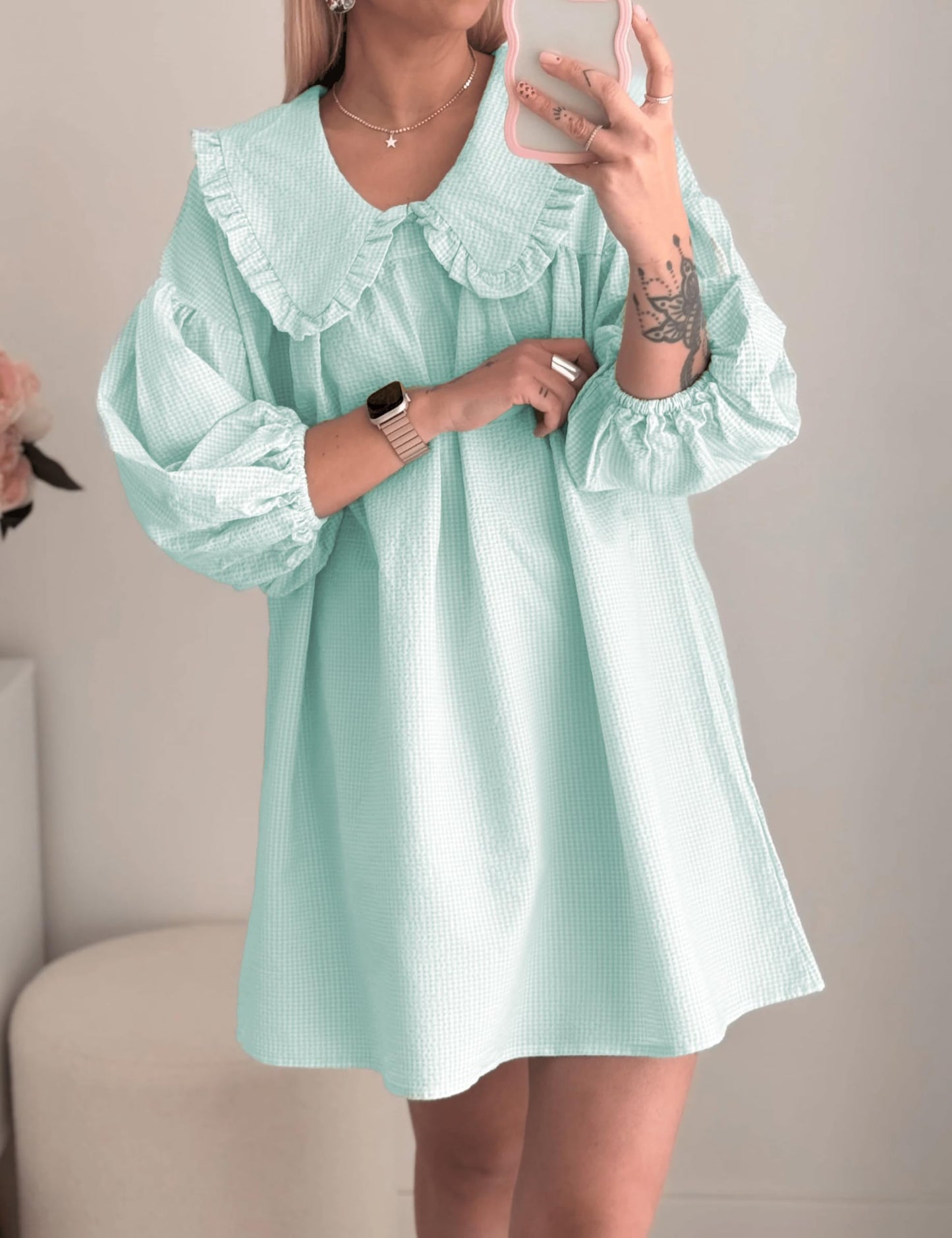 Ynhonra 2025 Women's Babydoll Mini Dress – SkyBlue Plaid, 3/4 Puff Sleeve