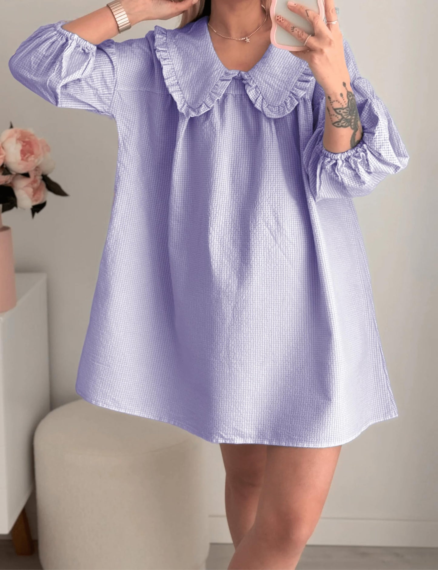 Ynhonra 2025 Women's Babydoll Dress – Purple Plaid, 3/4 Puff Sleeve, Doll Collar, Loose Y2K Mini (XS)