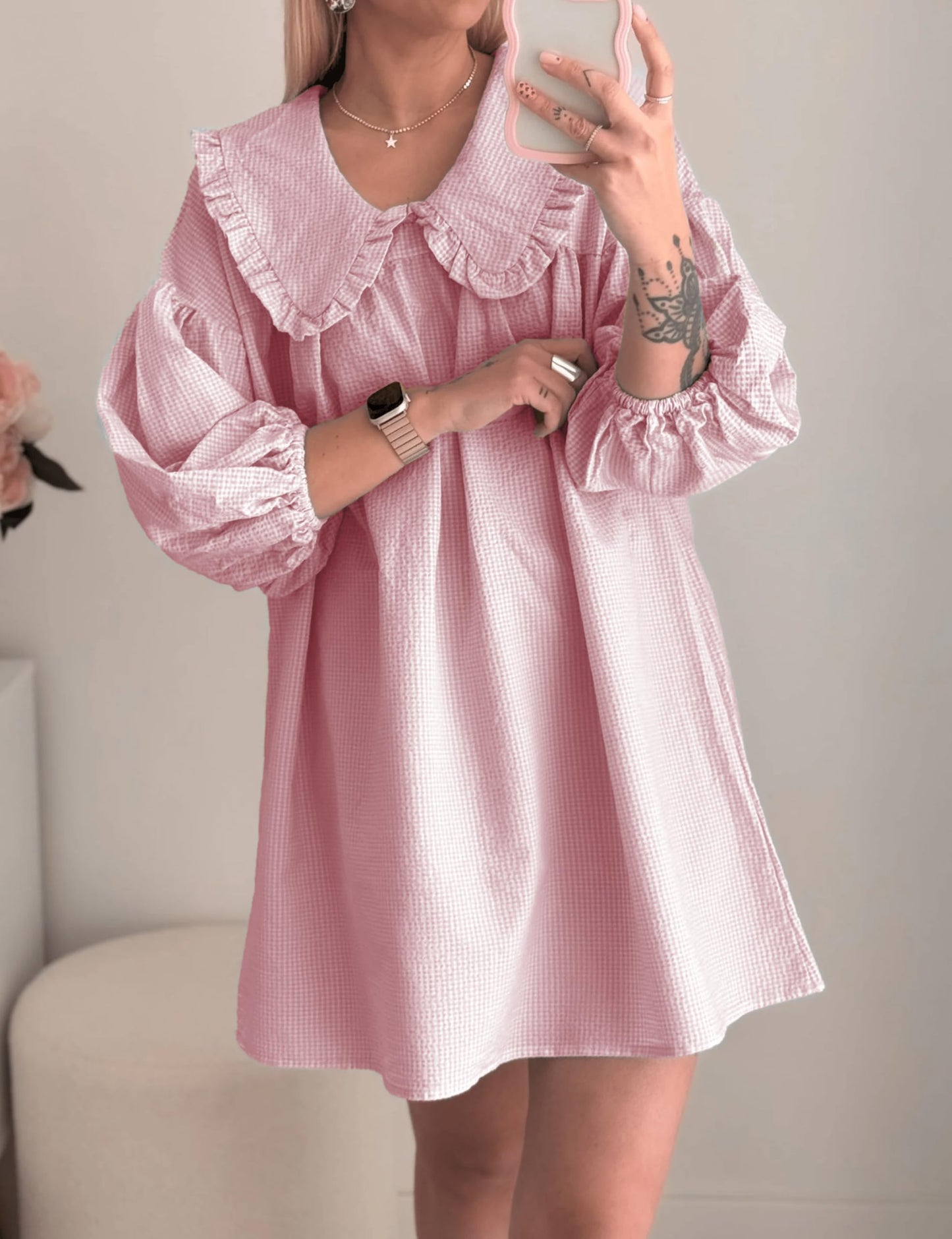 Ynhonra 2025 Women's Babydoll Dress – Loose Plaid Mini with Doll Collar (Blush XS)