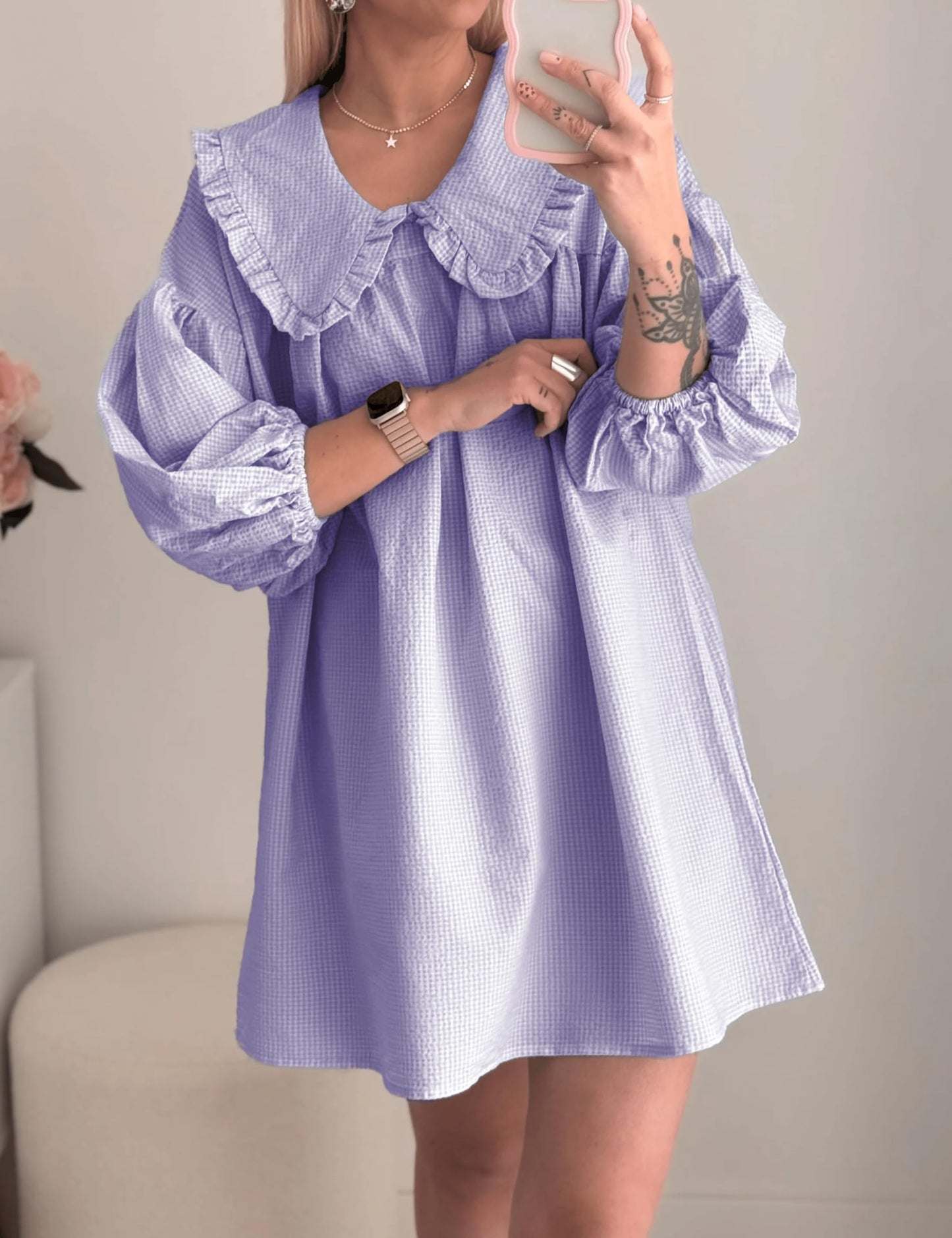 Ynhonra 2025 Women's Babydoll Dress – Purple Plaid, 3/4 Puff Sleeve, Doll Collar, Loose Y2K Mini (XS)