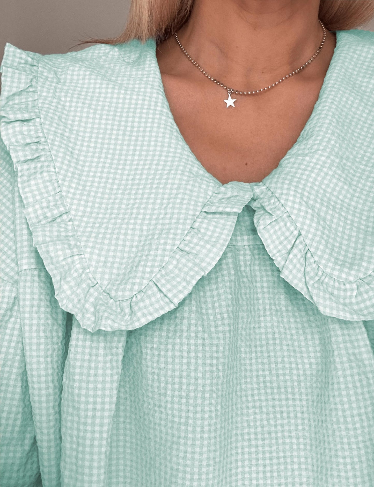 Ynhonra 2025 Women's Babydoll Dress - Sky Blue Plaid Mini with Doll Collar, Loose 3/4 Puff Sleeve (XL)