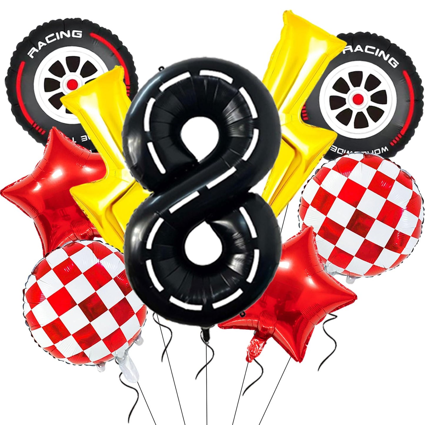 YNITSED Race Car Birthday Decorations – 40 Inch Racetrack Number Balloon Set for Boys' 8th Birthday