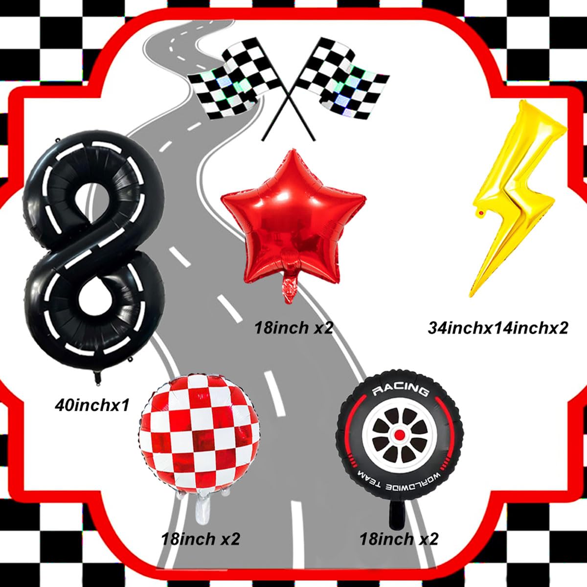 YNITSED Race Car Birthday Decorations – 40 Inch Racetrack Number Balloon Set for Boys' 8th Birthday