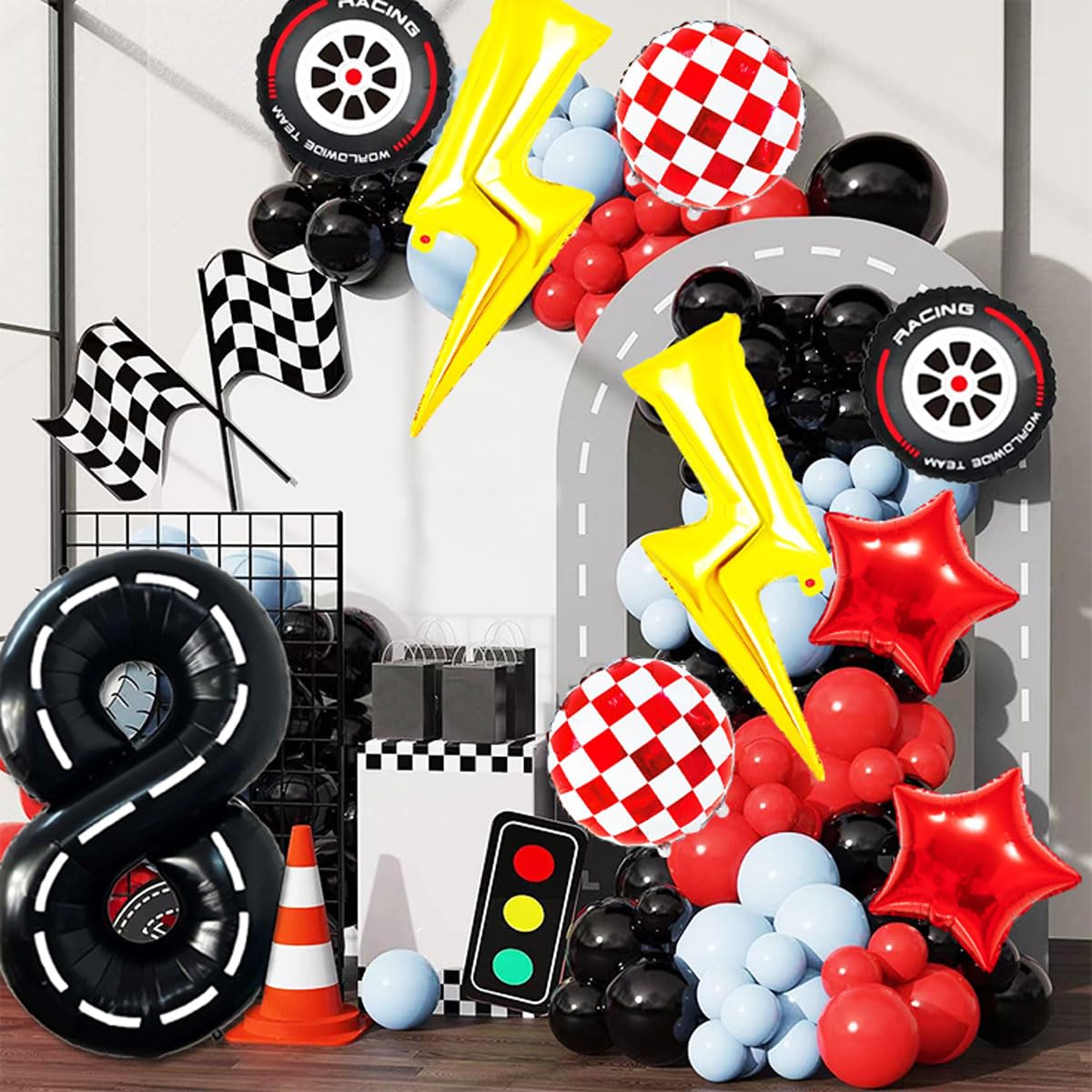 YNITSED Race Car Birthday Decorations – 40 Inch Racetrack Number Balloon Set for Boys' 8th Birthday