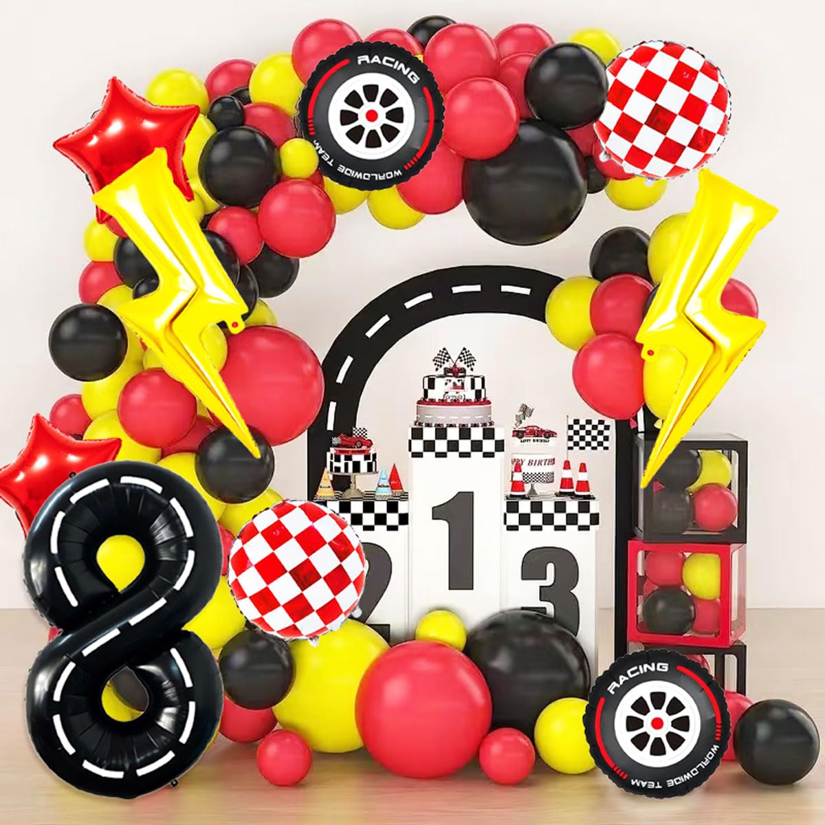 YNITSED Race Car Birthday Decorations – 40 Inch Racetrack Number Balloon Set for Boys' 8th Birthday
