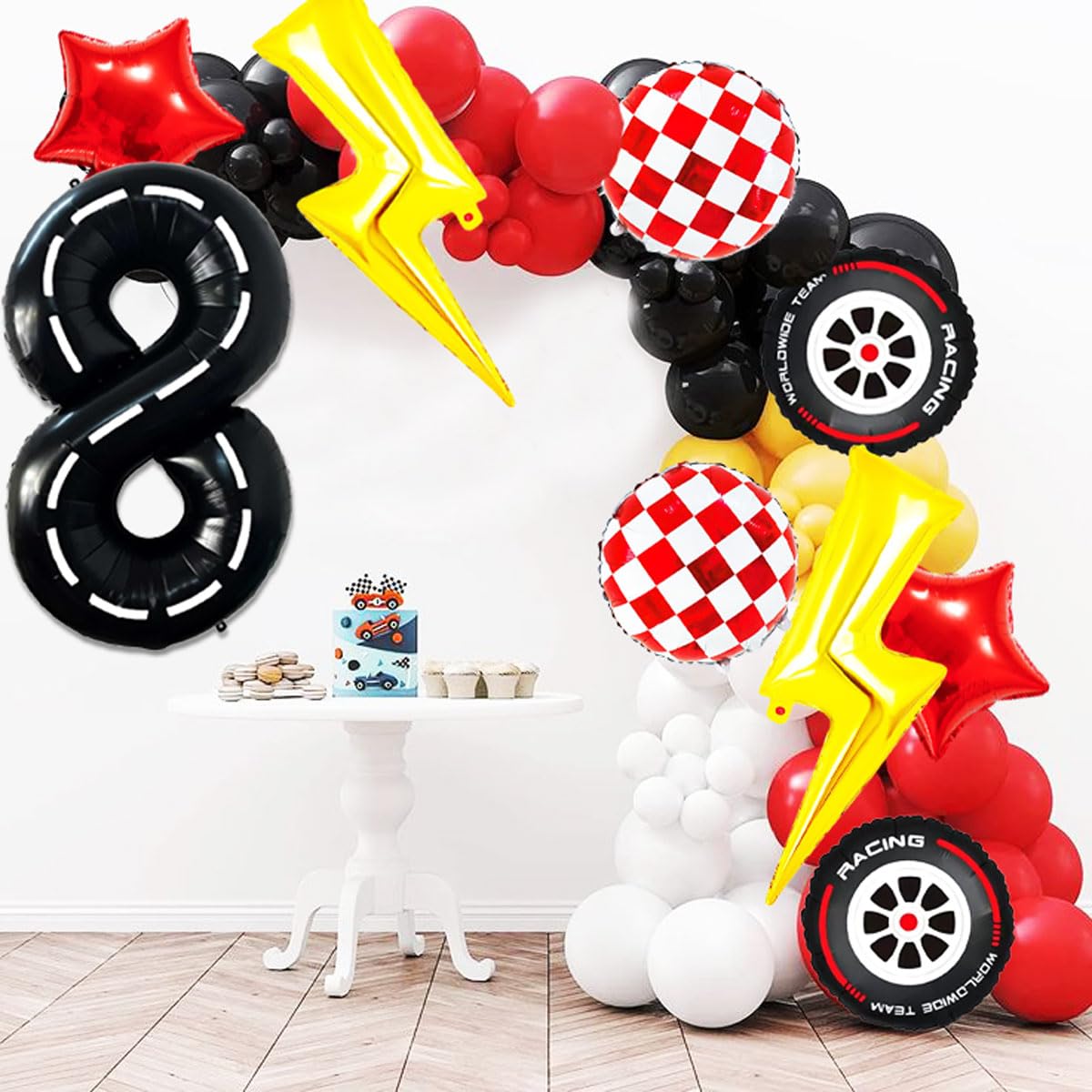 YNITSED Race Car Birthday Decorations – 40 Inch Racetrack Number Balloon Set for Boys' 8th Birthday
