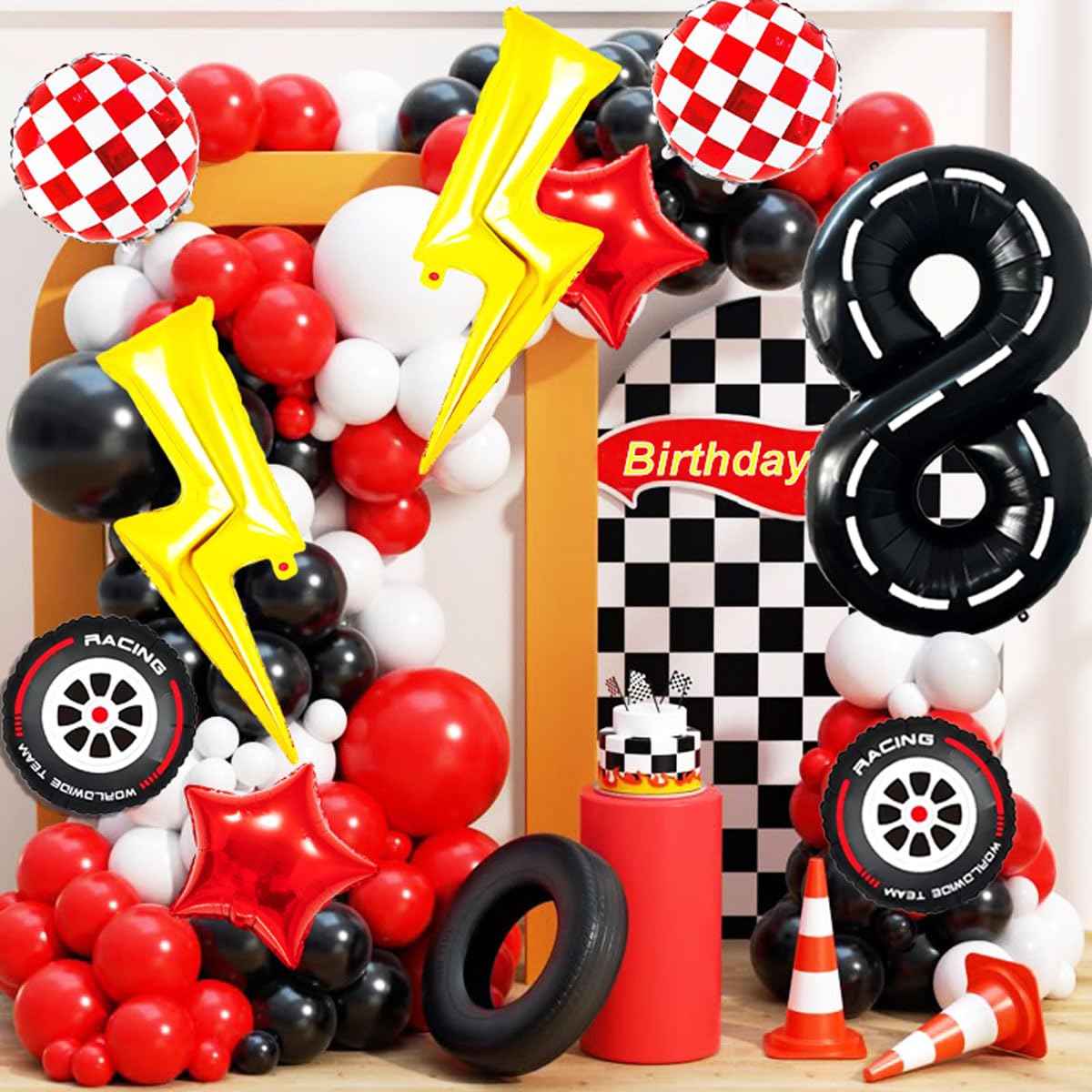 YNITSED Race Car Birthday Decorations – 40 Inch Racetrack Number Balloon Set for Boys' 8th Birthday