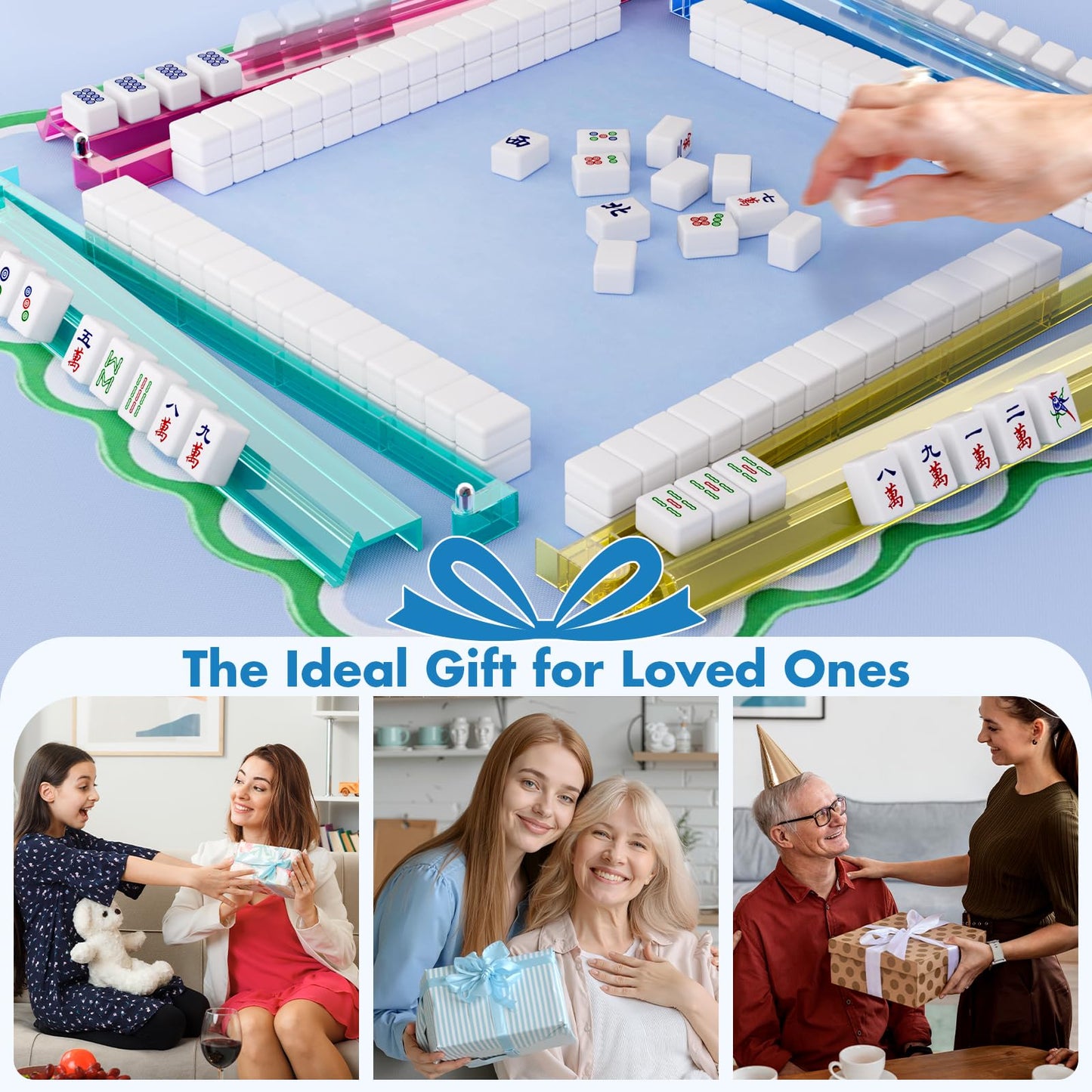 YOAEAILY 4-Color Mahjong Racks with Pushers – Clear Acrylic Tile Racks with Storage Bag