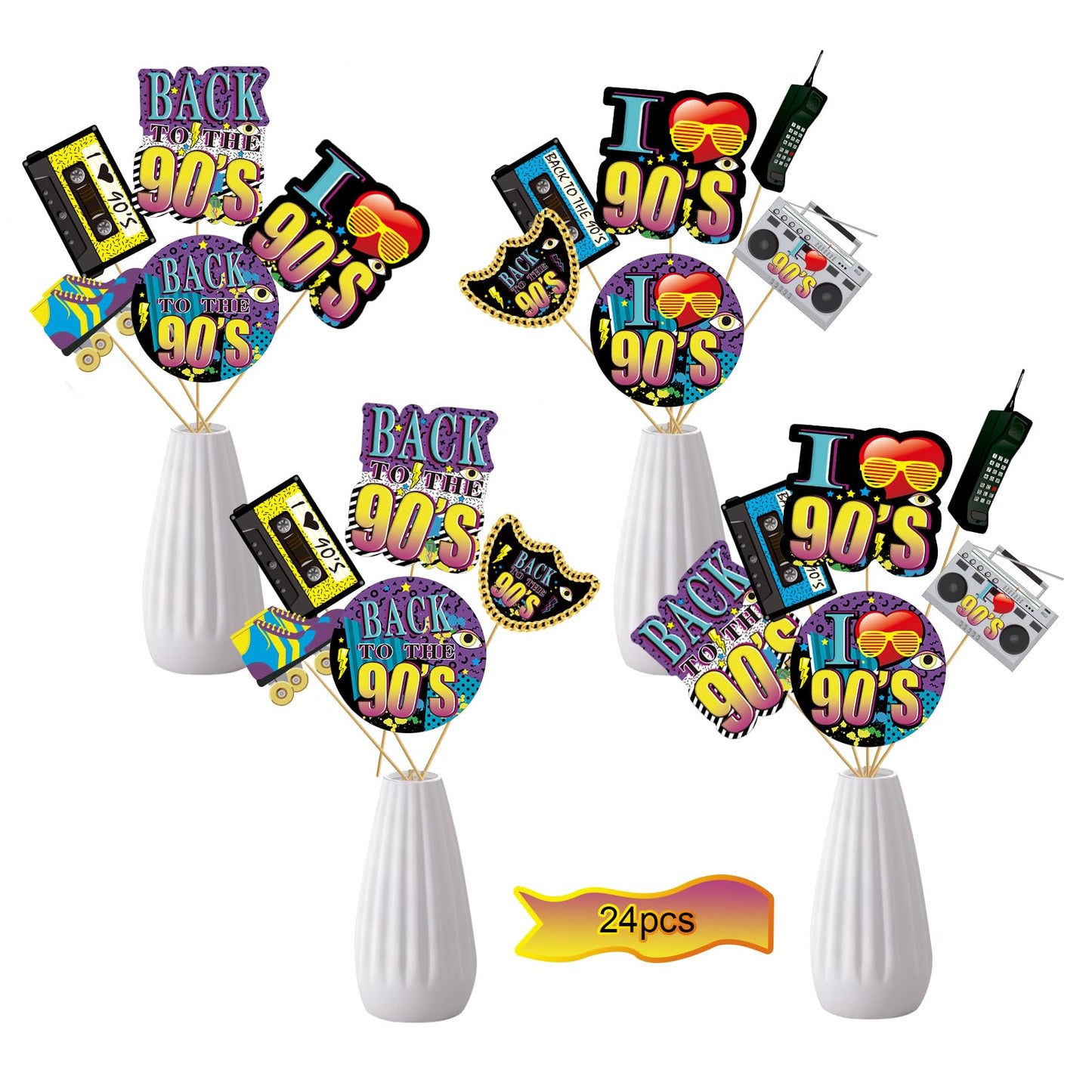 Yoaokiy 24pcs 90s Party Decorations - Retro Centerpiece Sticks & Photo Props