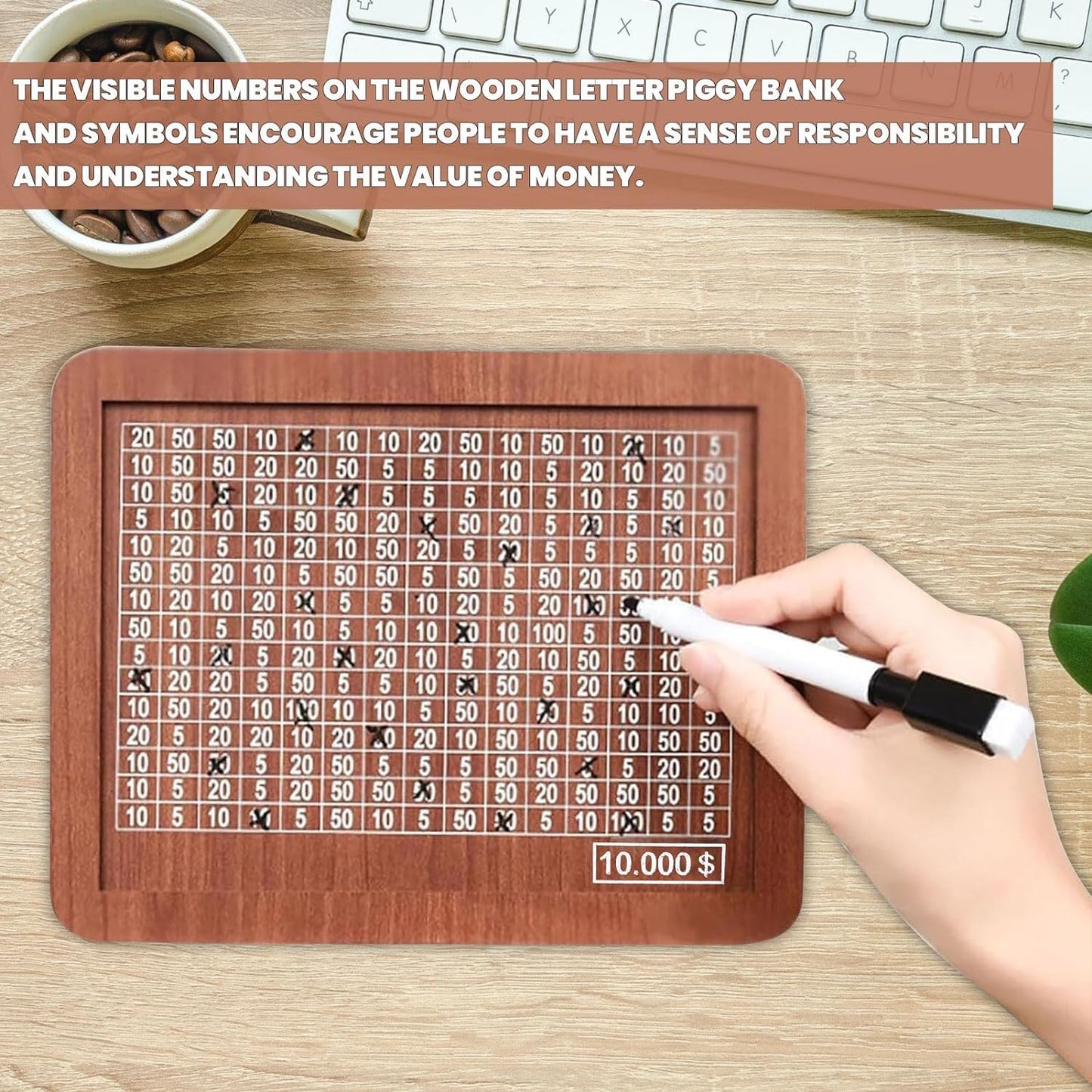 YOECO Money Saving Box – Wooden Savings Jar with Numbered Panels (Up to $2000)