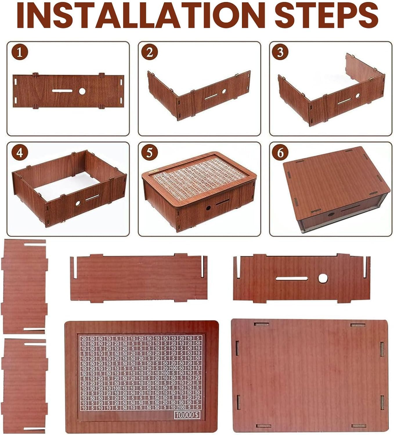 YOECO Money Saving Box – Wooden Savings Jar with Numbered Panels (Up to $2000)