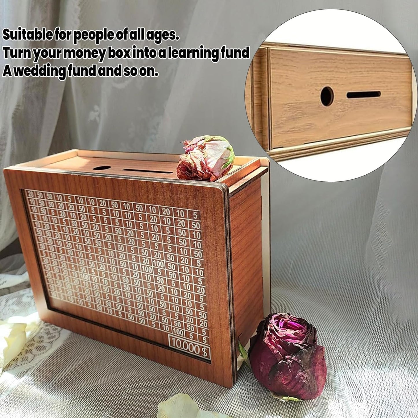 YOECO Money Saving Box – Wooden Savings Jar with Numbered Panels (Up to $2000)