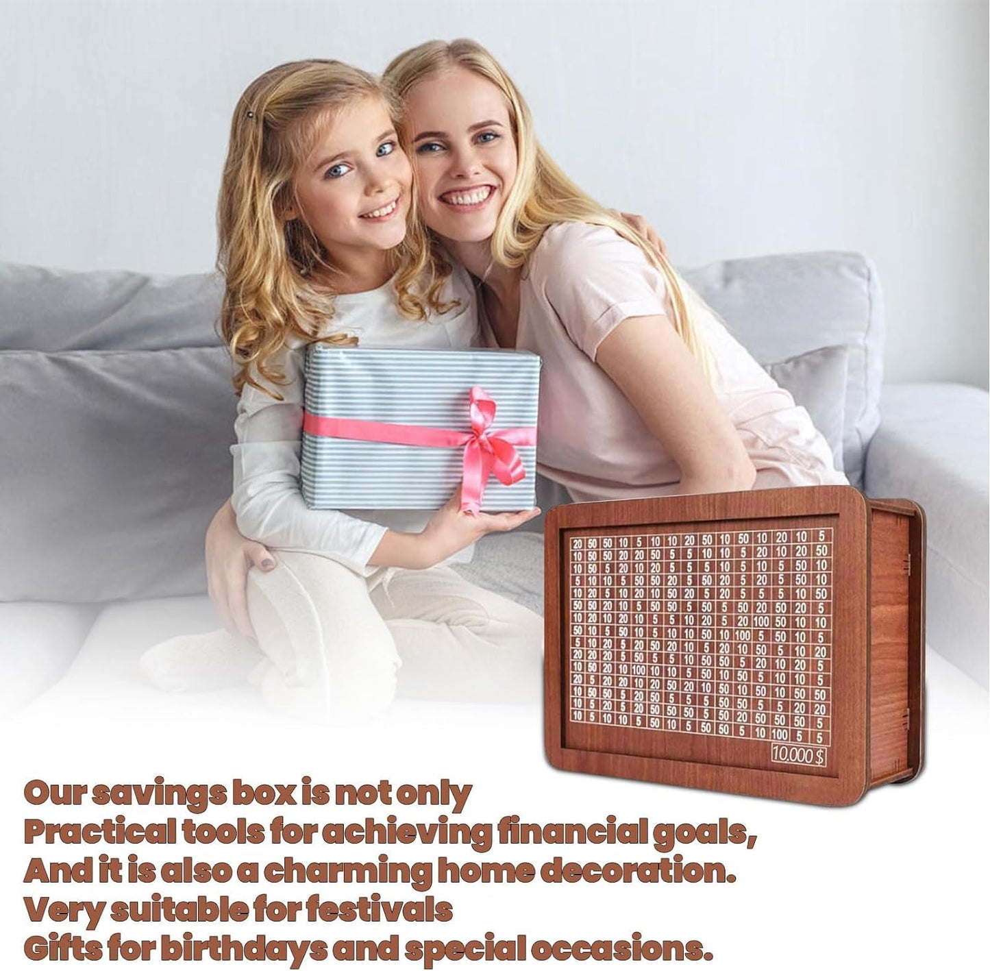 YOECO Money Saving Box – Wooden Savings Jar with Numbered Panels (Up to $2000)