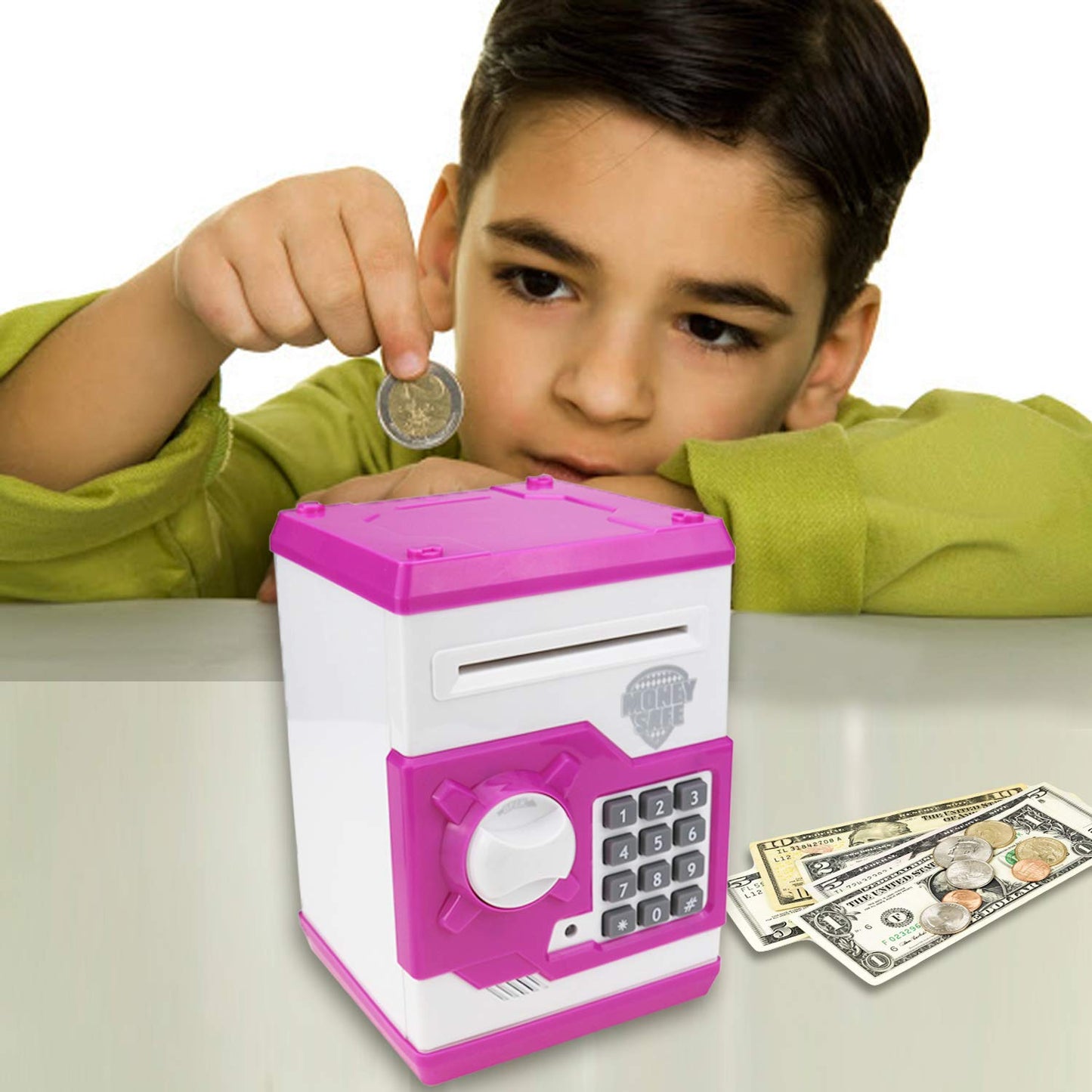 YOEGO Kids Money Bank – Electronic Piggy Bank with Auto Scroll & Password (Pink)