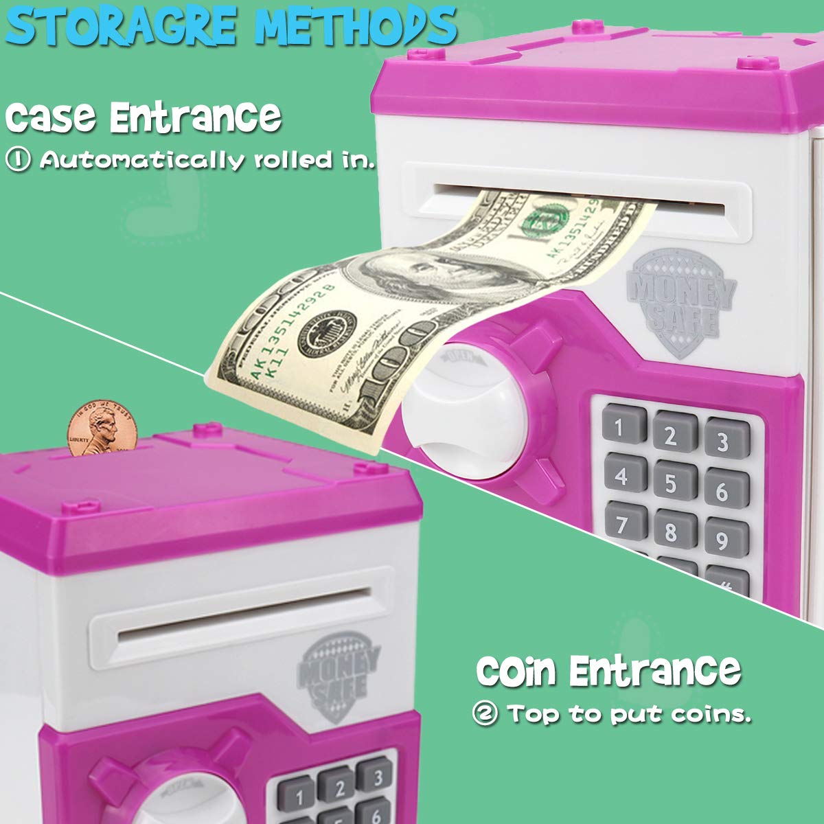 YOEGO Kids Money Bank – Electronic Piggy Bank with Auto Scroll & Password (Pink)