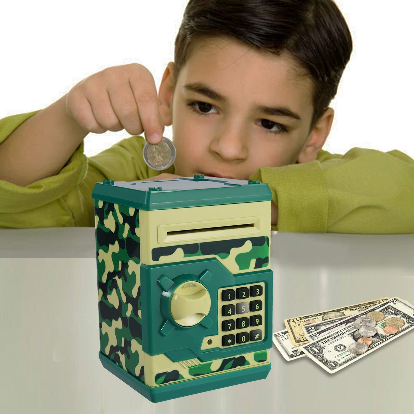Yoego Kids Money Bank – Electronic Piggy Bank with Auto Scroll (Green Camouflage)