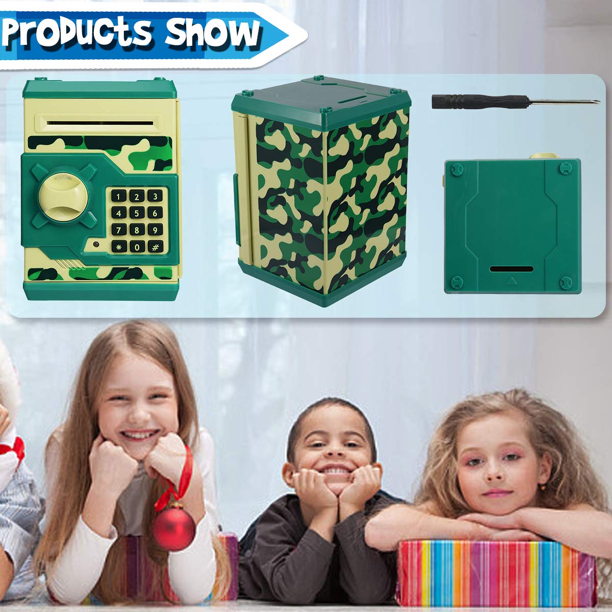 Yoego Kids Money Bank – Electronic Piggy Bank with Auto Scroll (Green Camouflage)