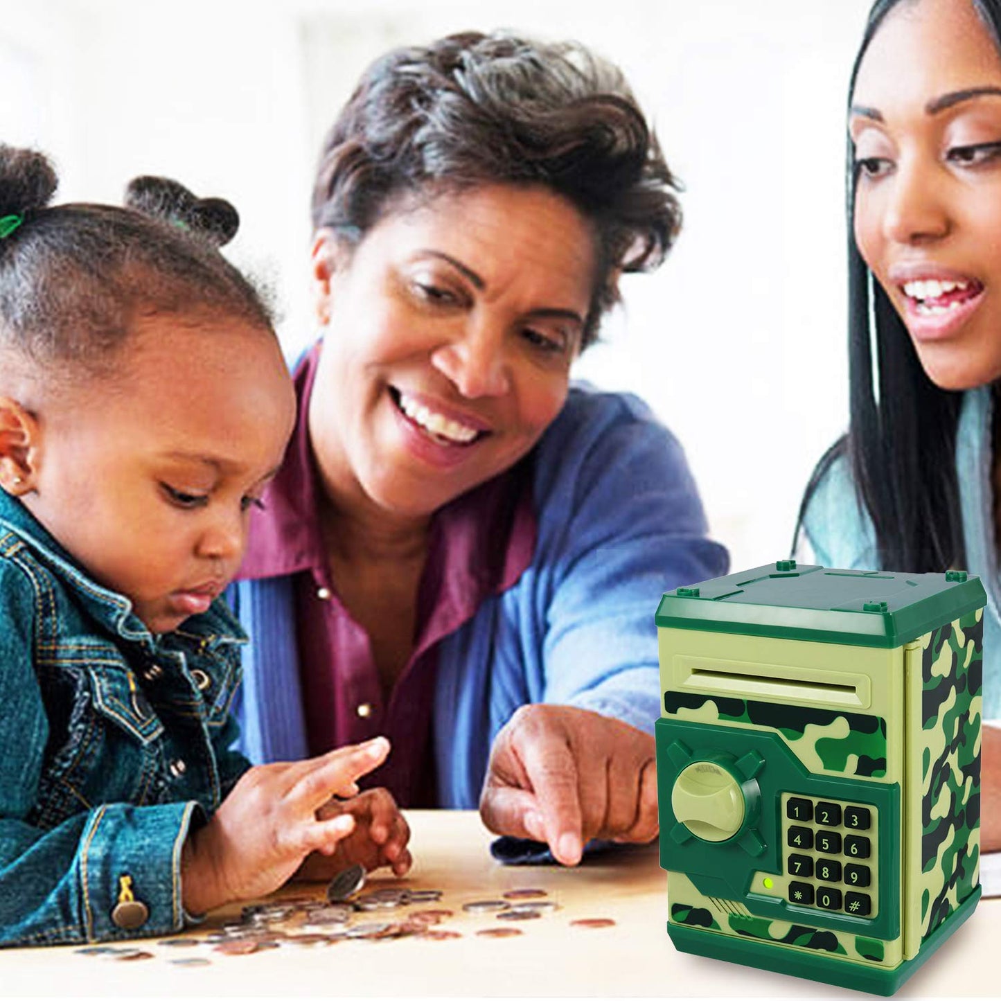 Yoego Kids Money Bank – Electronic Piggy Bank with Auto Scroll (Green Camouflage)