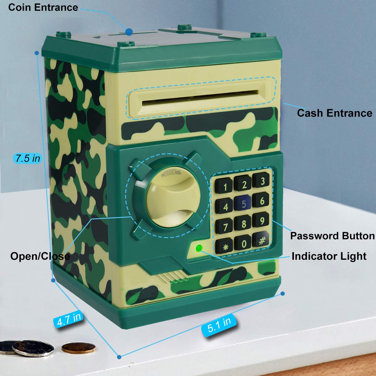 Yoego Kids Money Bank – Electronic Piggy Bank with Auto Scroll (Green Camouflage)