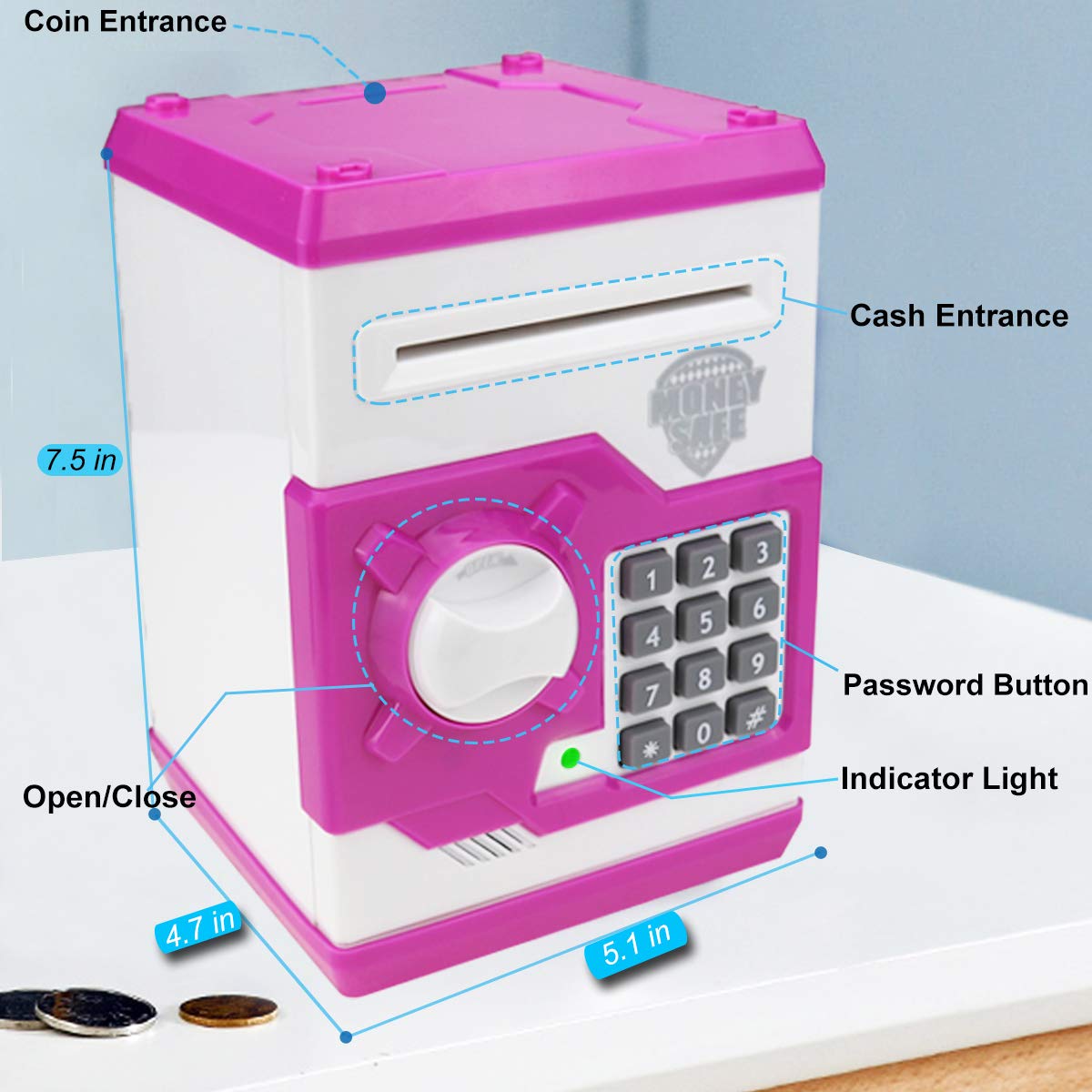 YOEGO Kids Money Bank – Electronic Piggy Bank with Auto Scroll & Password (Pink)